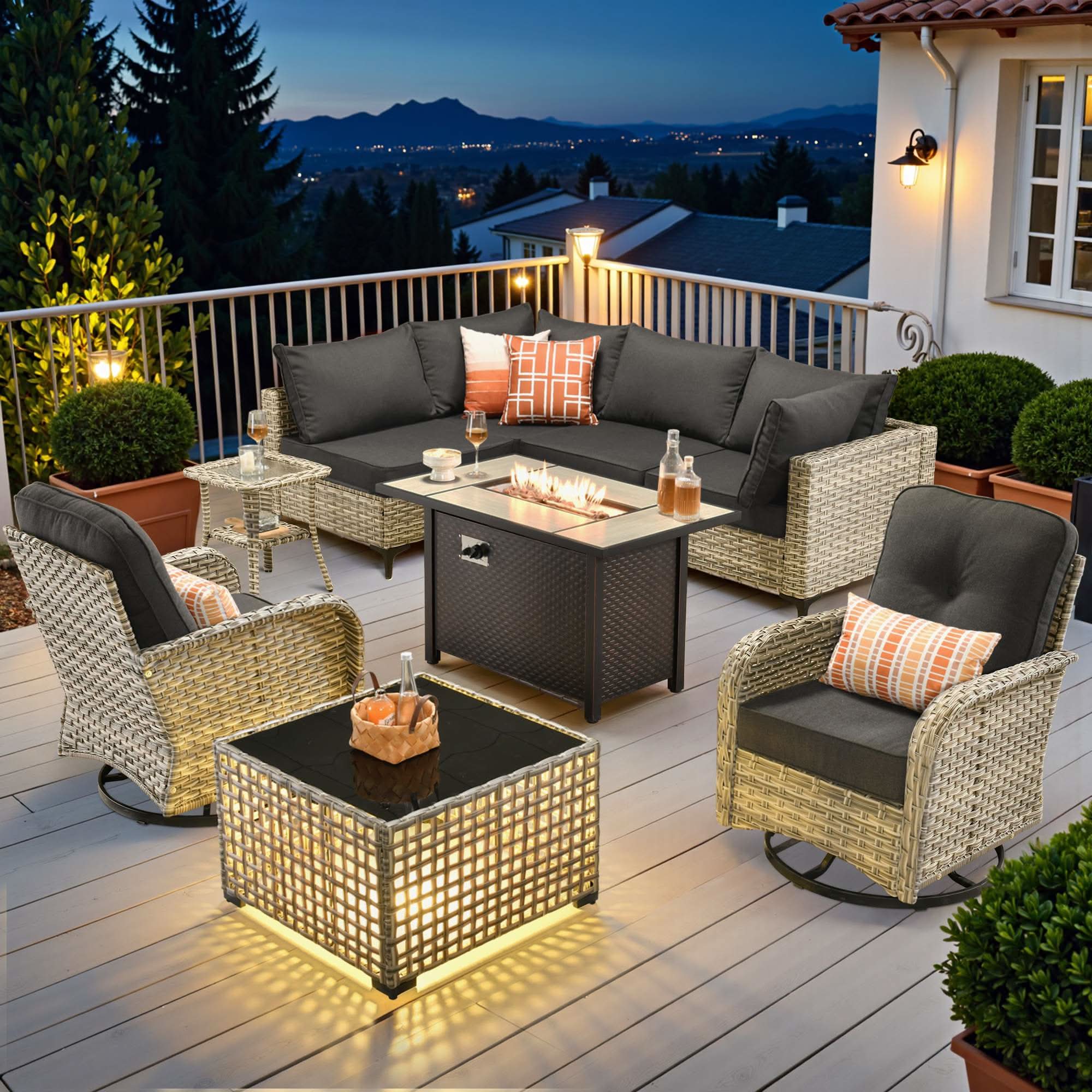 OVIOS Wicker Patio Conversation Set with Fire Pit Table for Backyard & Deck