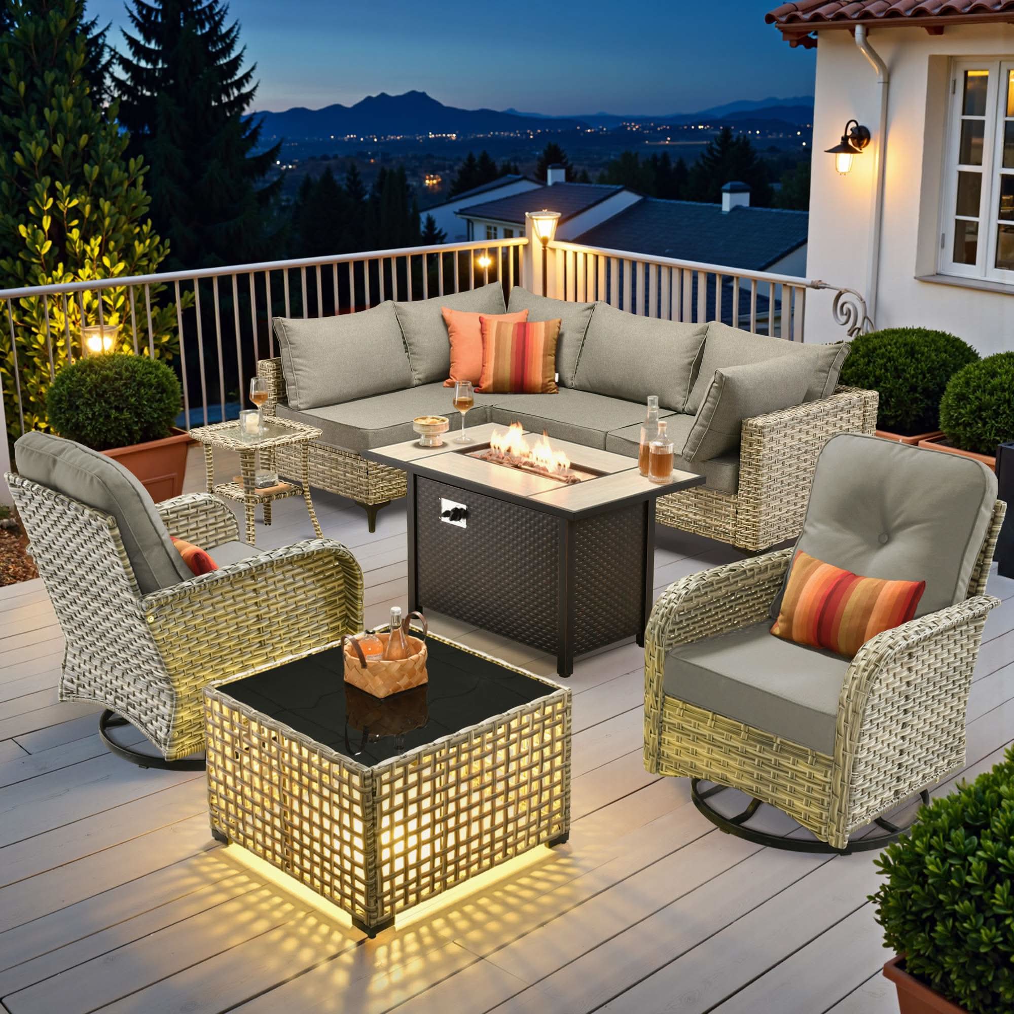 OVIOS Wicker Patio Conversation Set with Fire Pit Table for Backyard & Deck