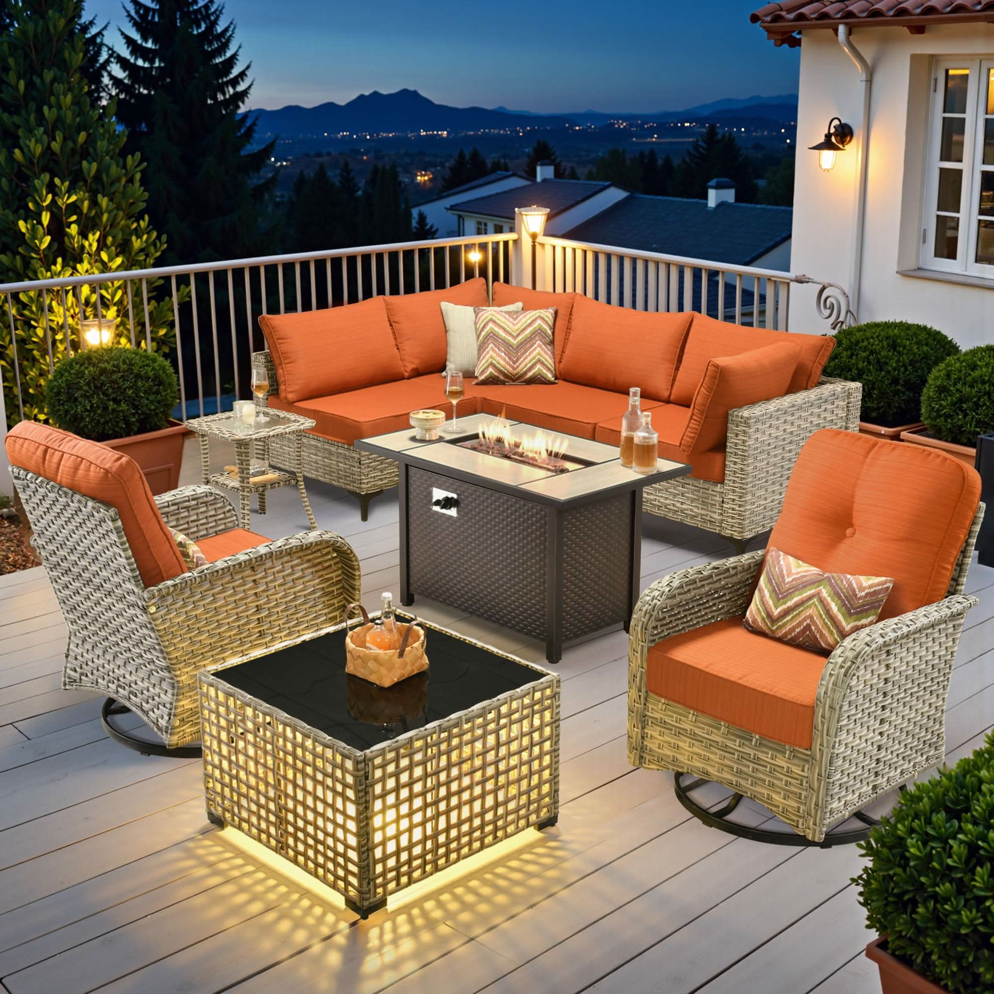 OVIOS Wicker Patio Conversation Set with Fire Pit Table for Backyard & Deck