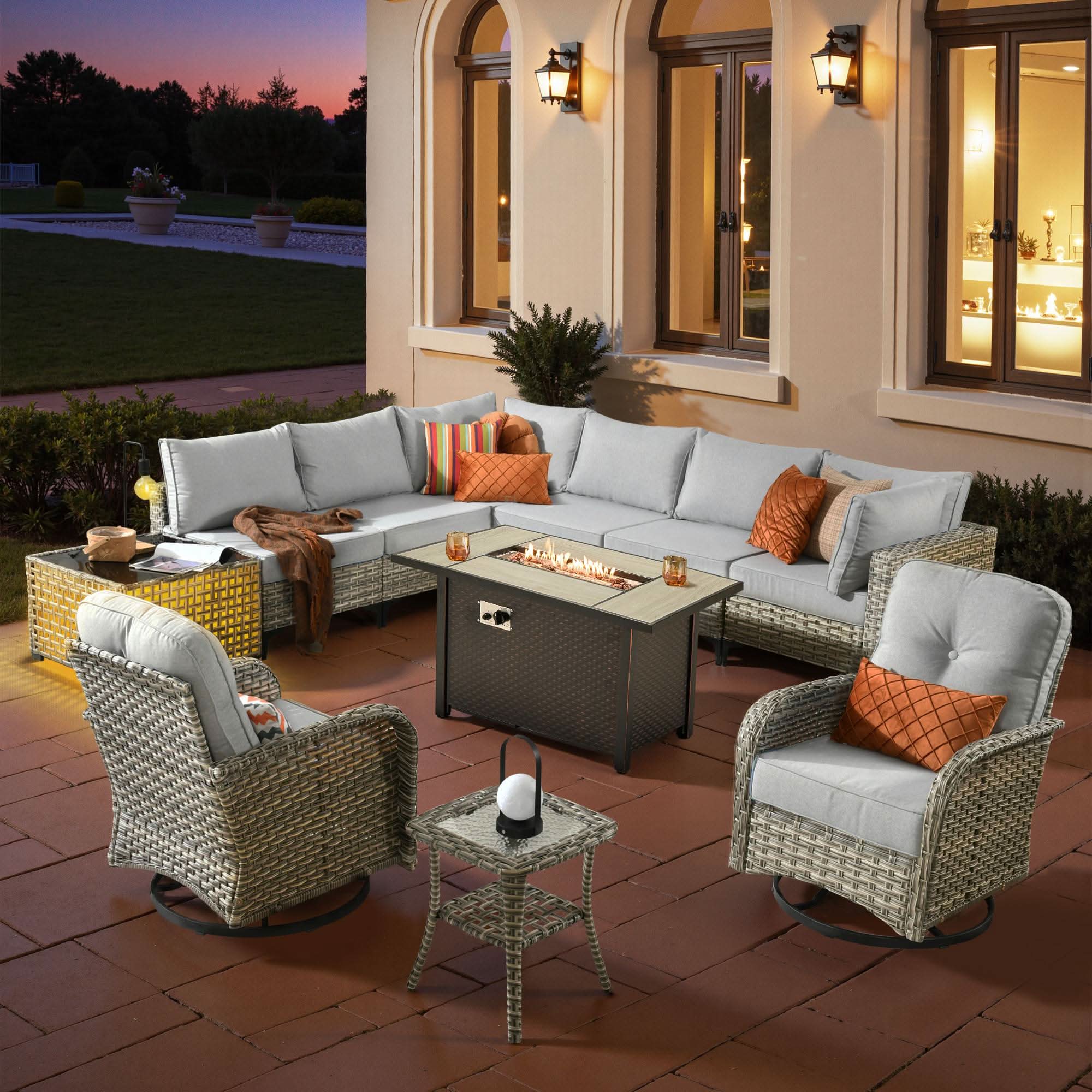 OVIOS Wicker Patio Conversation Set with Fire Pit Table for Backyard & Deck