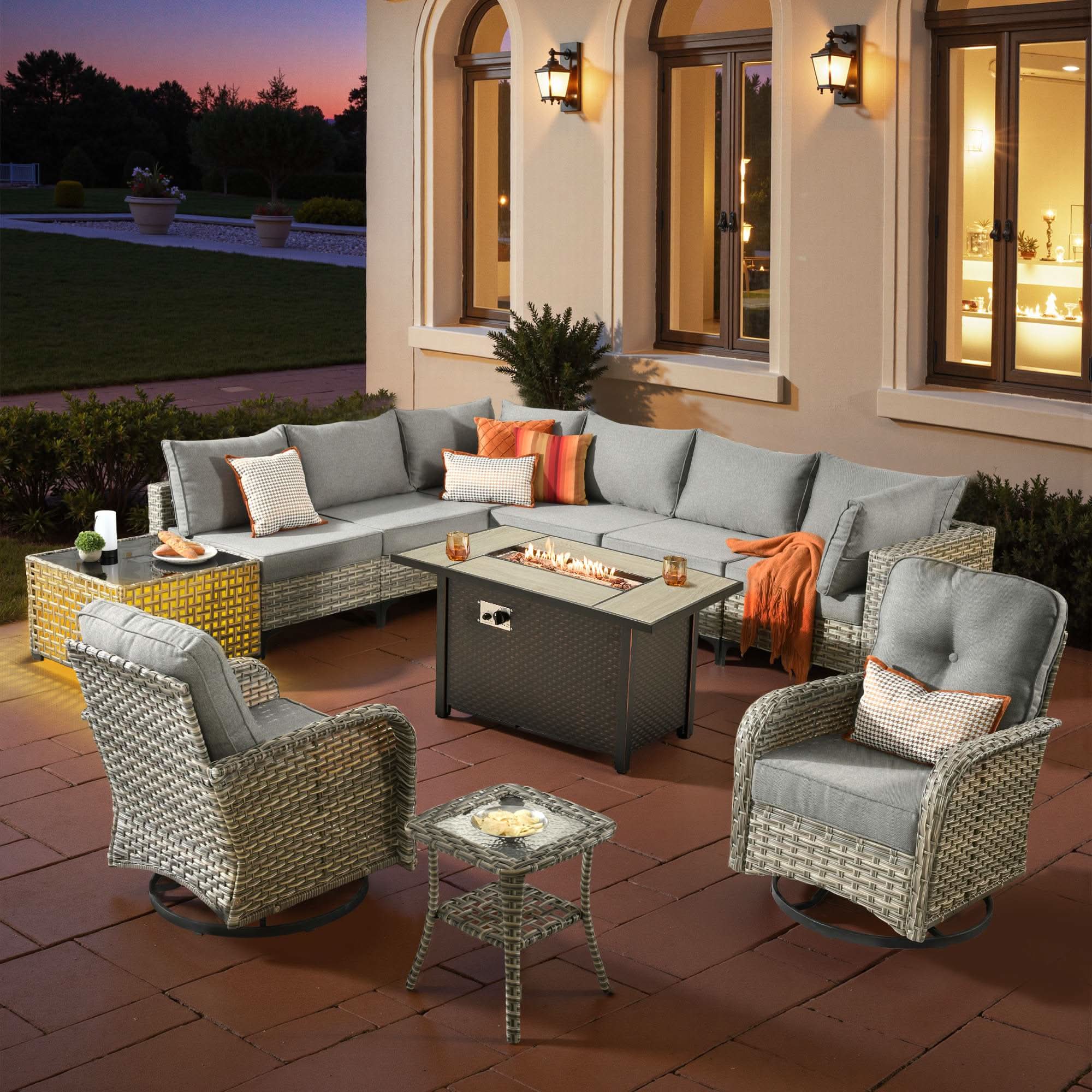 OVIOS Wicker Patio Conversation Set with Fire Pit Table for Backyard & Deck