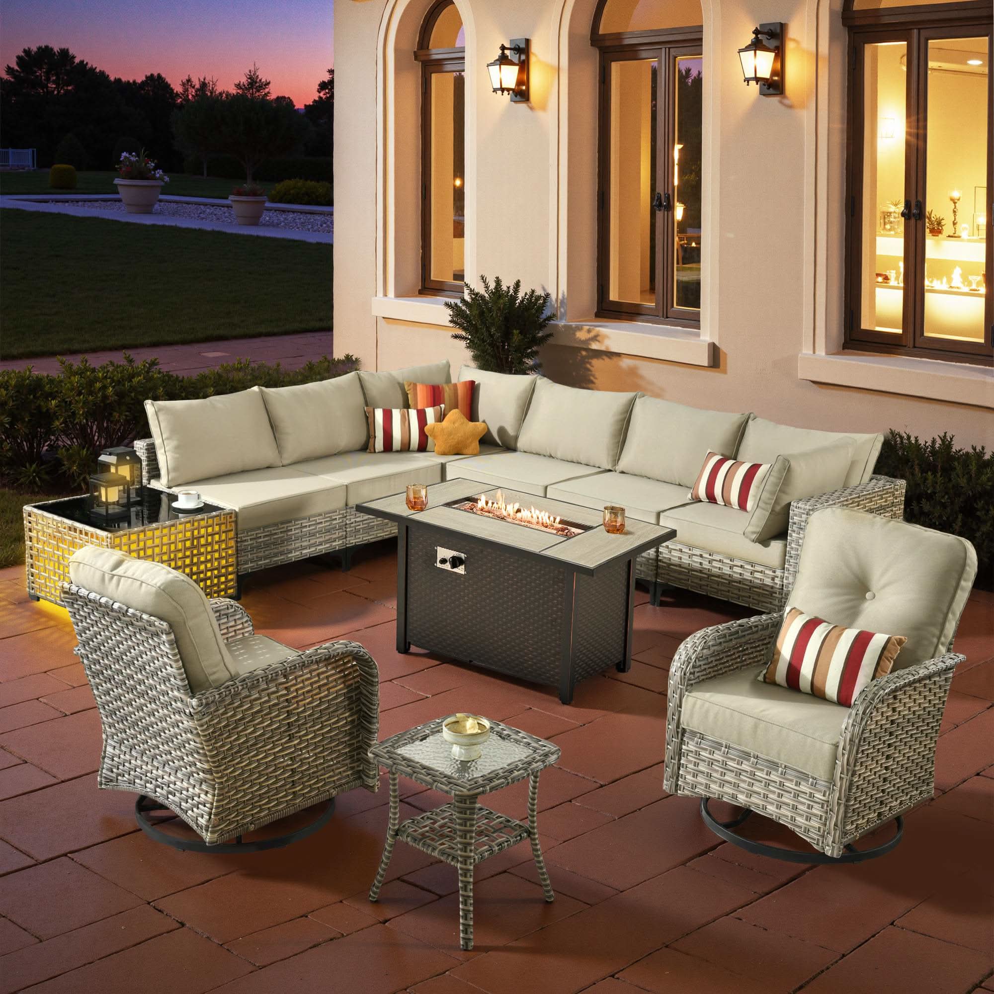 OVIOS Wicker Patio Conversation Set with Fire Pit Table for Backyard & Deck