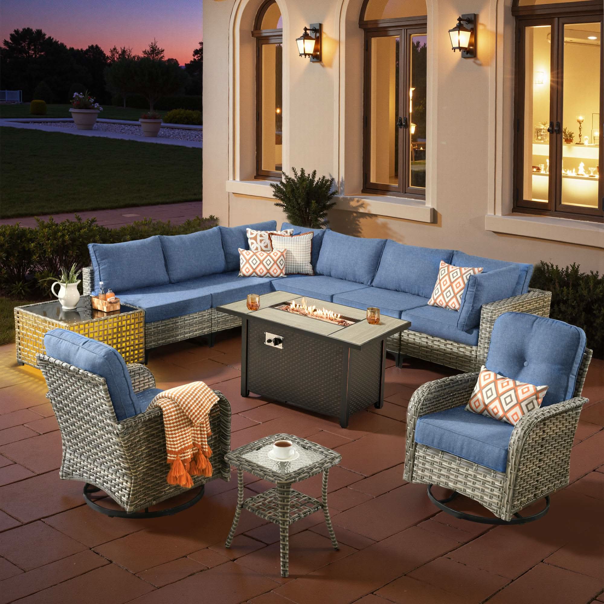 OVIOS Wicker Patio Conversation Set with Fire Pit Table for Backyard & Deck