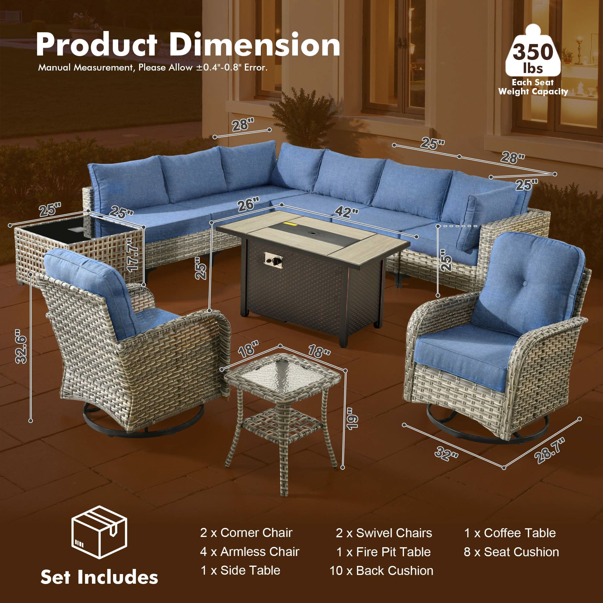 OVIOS Wicker Patio Conversation Set with Fire Pit Table for Backyard & Deck