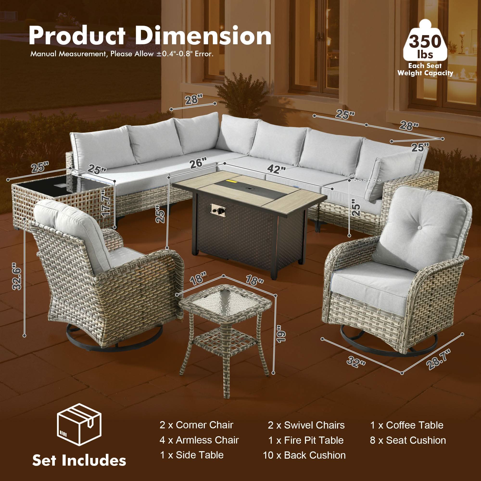 OVIOS Wicker Patio Conversation Set with Fire Pit Table for Backyard & Deck