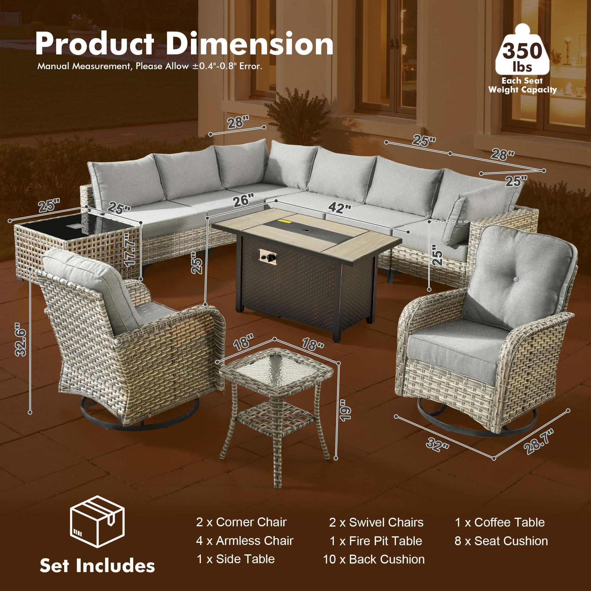 OVIOS Wicker Patio Conversation Set with Fire Pit Table for Backyard & Deck