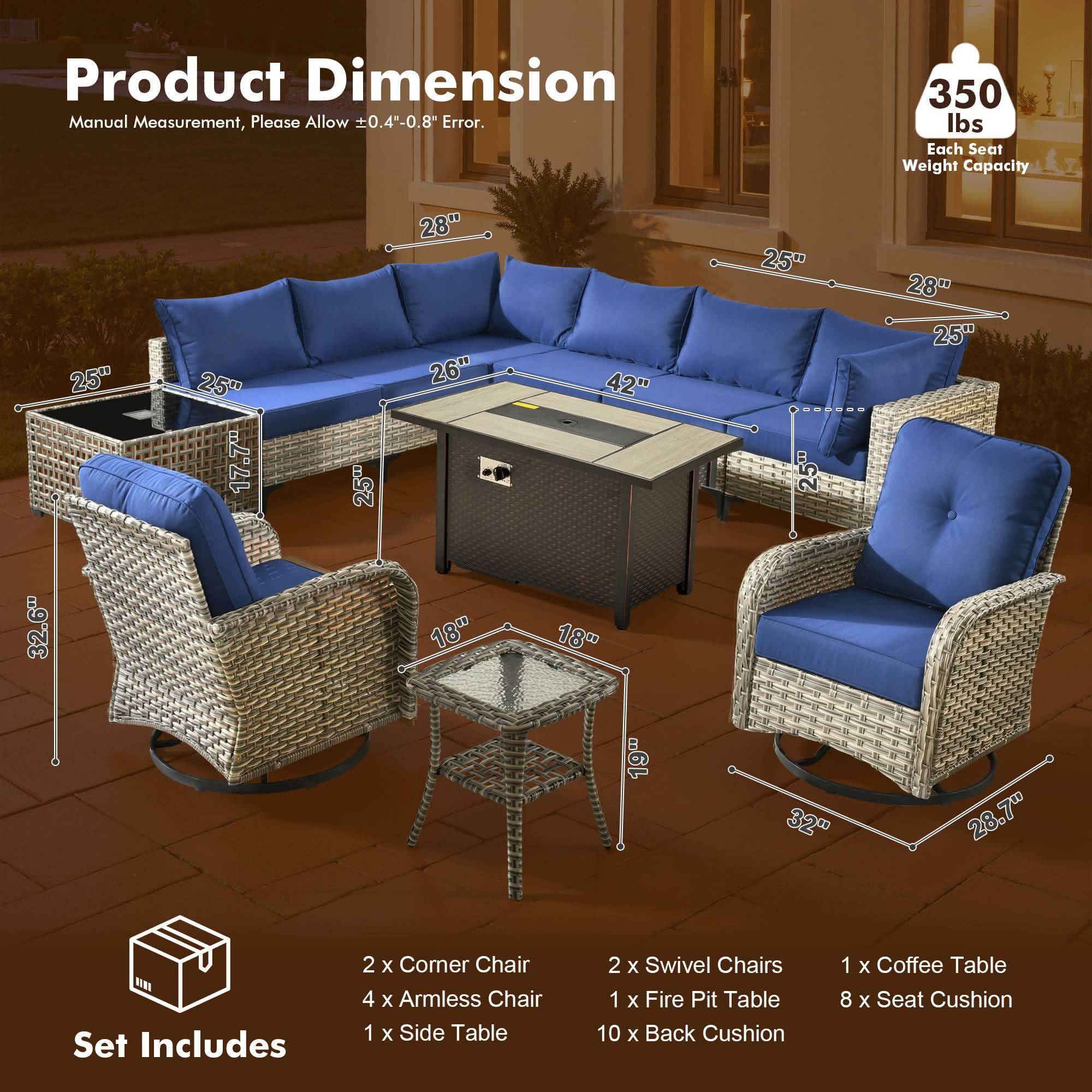 OVIOS Wicker Patio Conversation Set with Fire Pit Table for Backyard & Deck