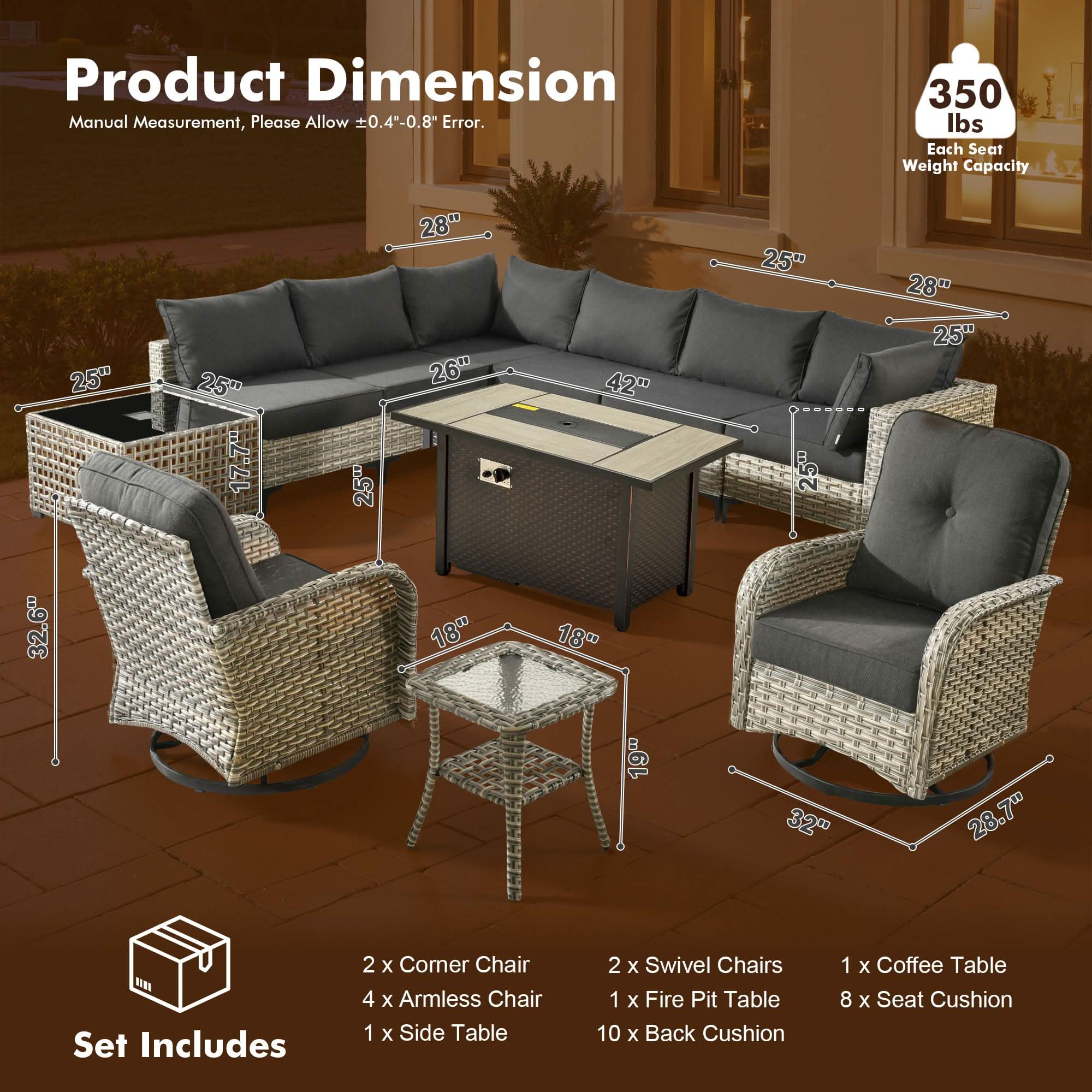 OVIOS Wicker Patio Conversation Set with Fire Pit Table for Backyard & Deck