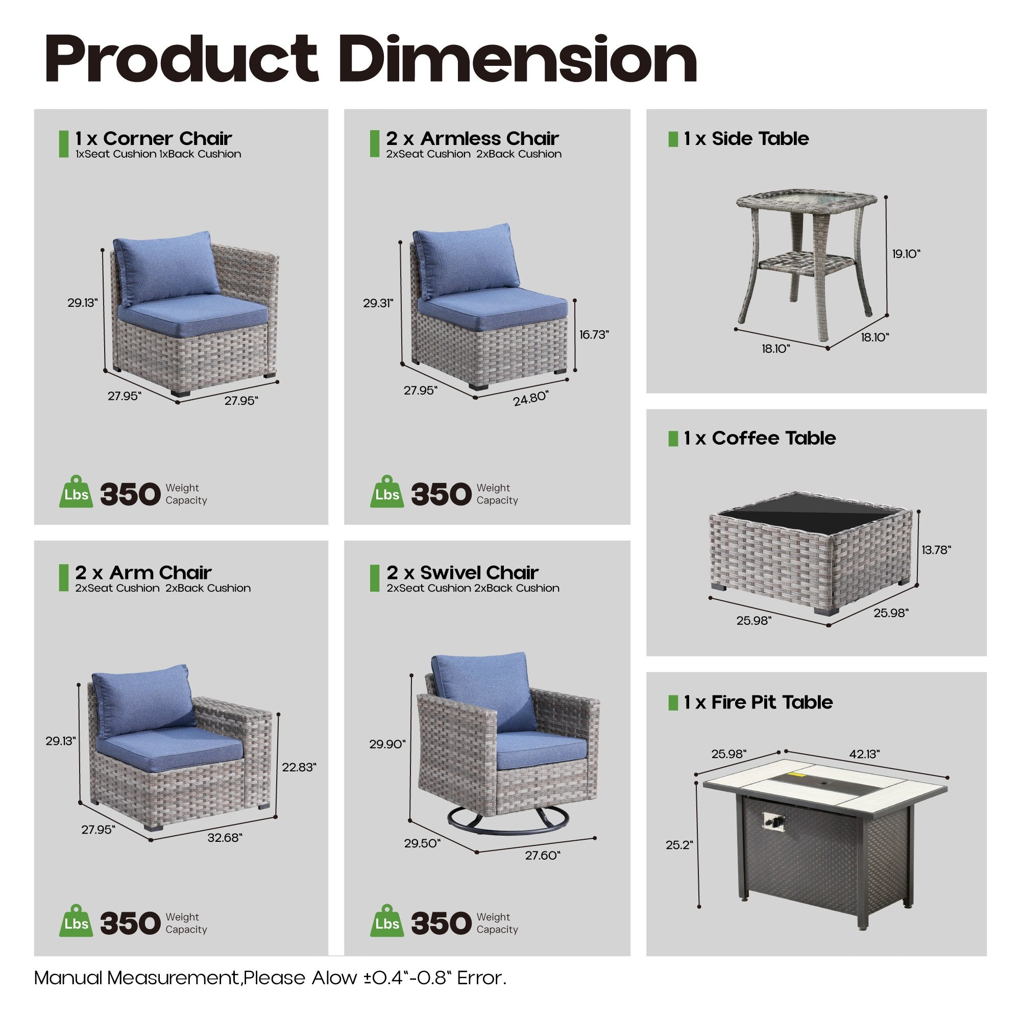 OVIOS Outdoor Patio Furniture Set with Fire Pit Table Wide Armrest Chairs and Rocking Chairs