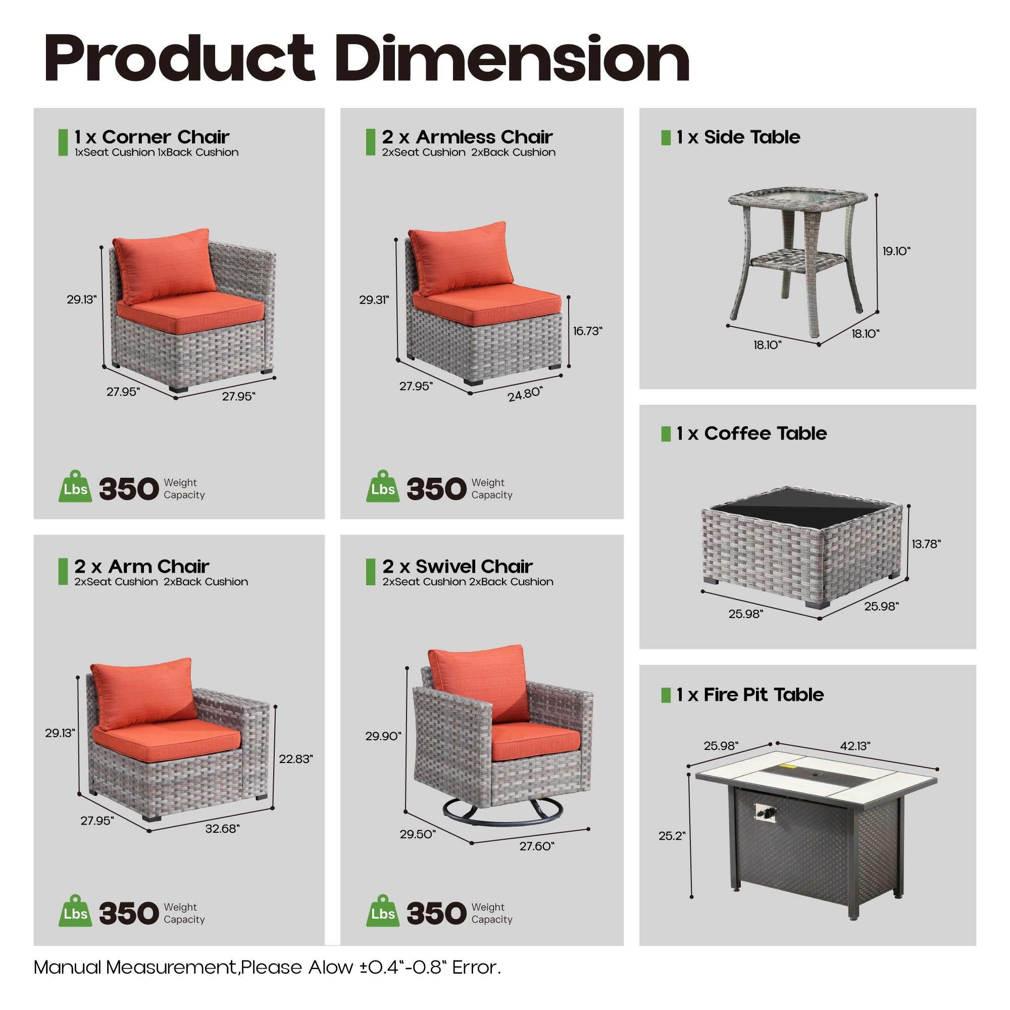OVIOS Outdoor Patio Furniture Set with Fire Pit Table Wide Armrest Chairs and Rocking Chairs