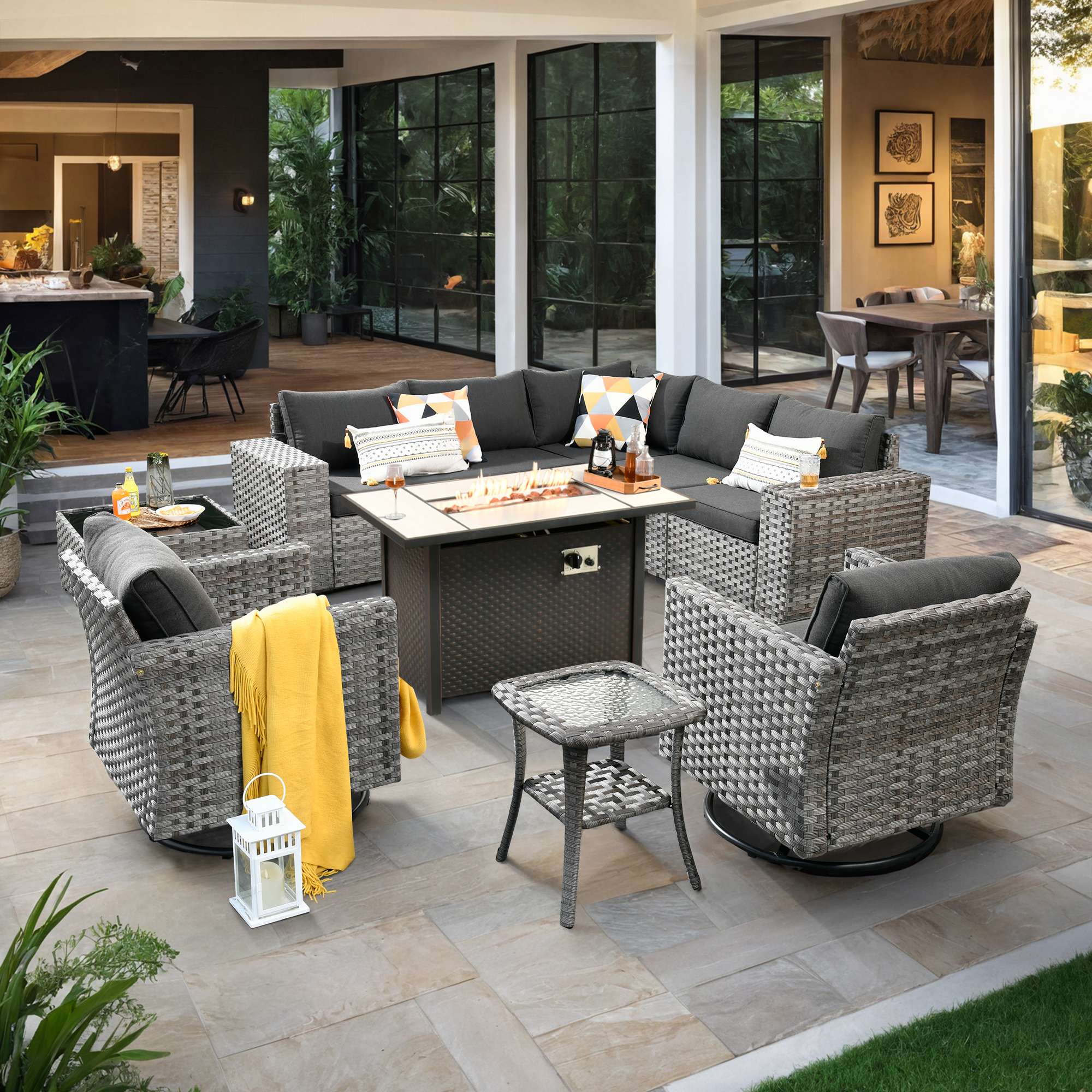 OVIOS Outdoor Patio Furniture Set with Fire Pit Table Wide Armrest Chairs and Rocking Chairs