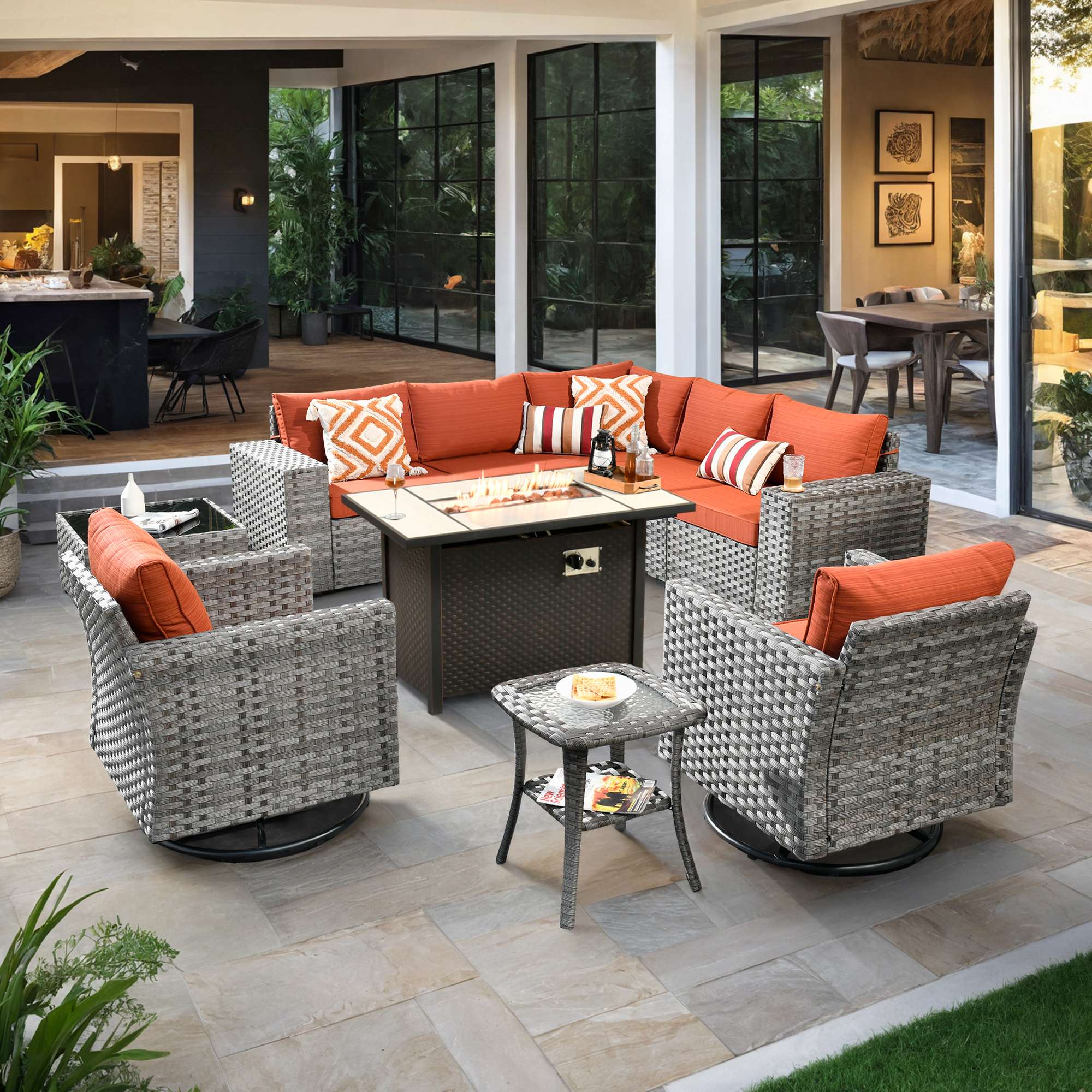 OVIOS Outdoor Patio Furniture Set with Fire Pit Table Wide Armrest Chairs and Rocking Chairs