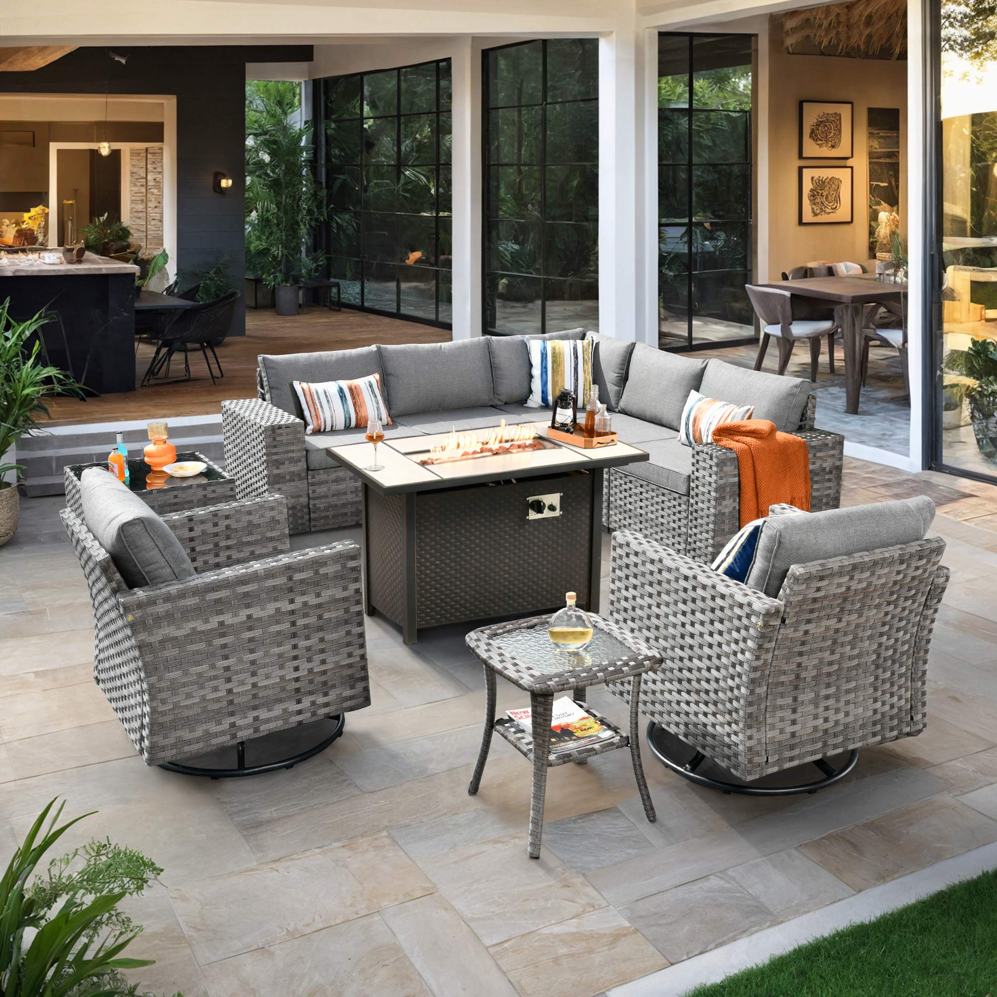 OVIOS Outdoor Patio Furniture Set with Fire Pit Table Wide Armrest Chairs and Rocking Chairs