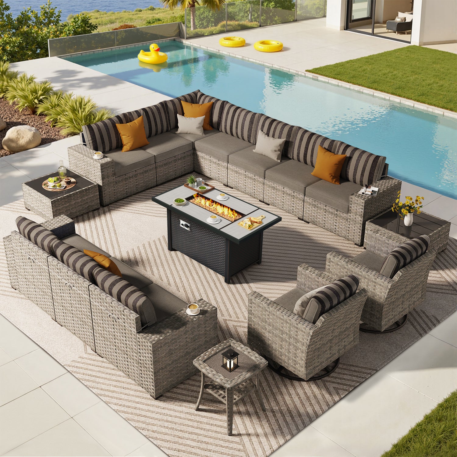 OVIOS Outdoor Patio Furniture Set with Fire Pit Table Wide Armrest Chairs and Rocking Chairs