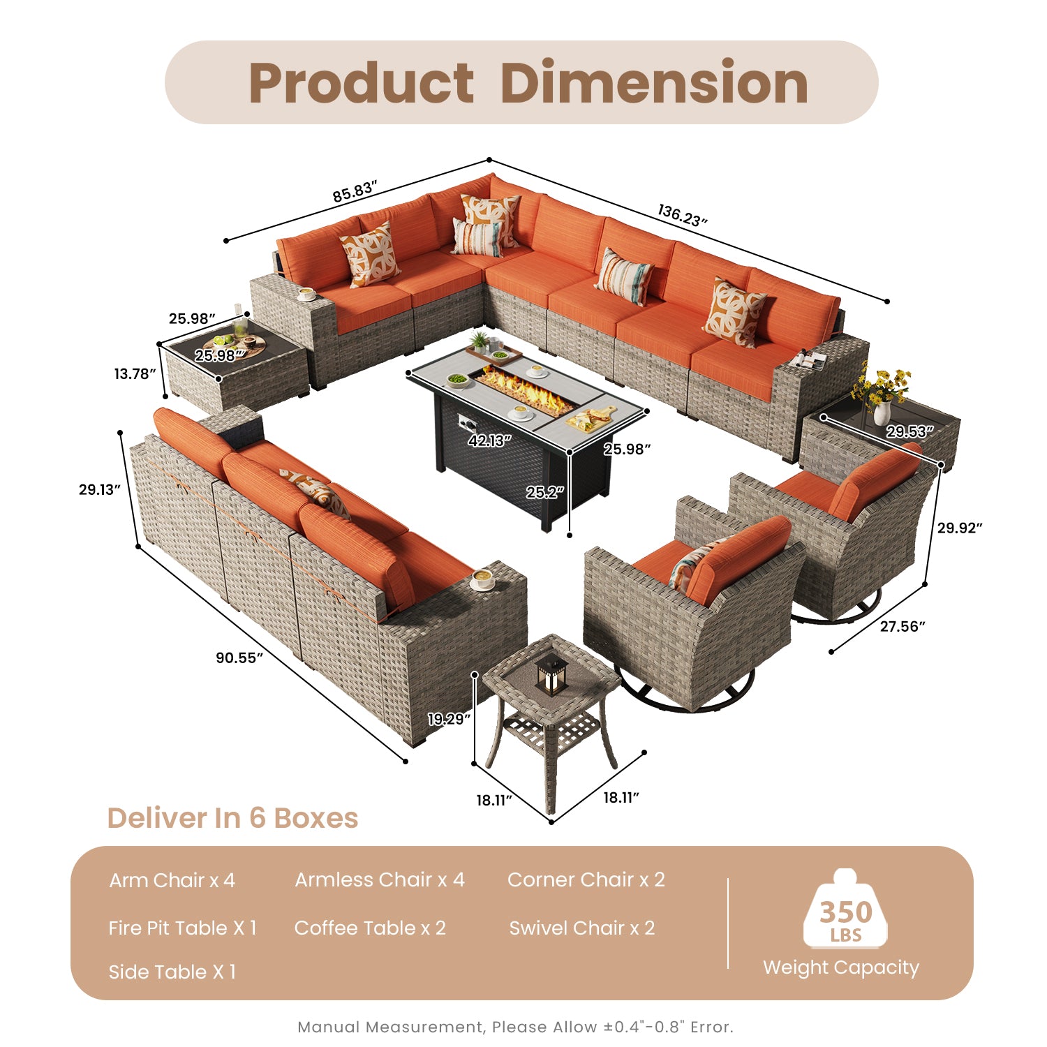 OVIOS Outdoor Patio Furniture Set with Fire Pit Table Wide Armrest Chairs and Rocking Chairs