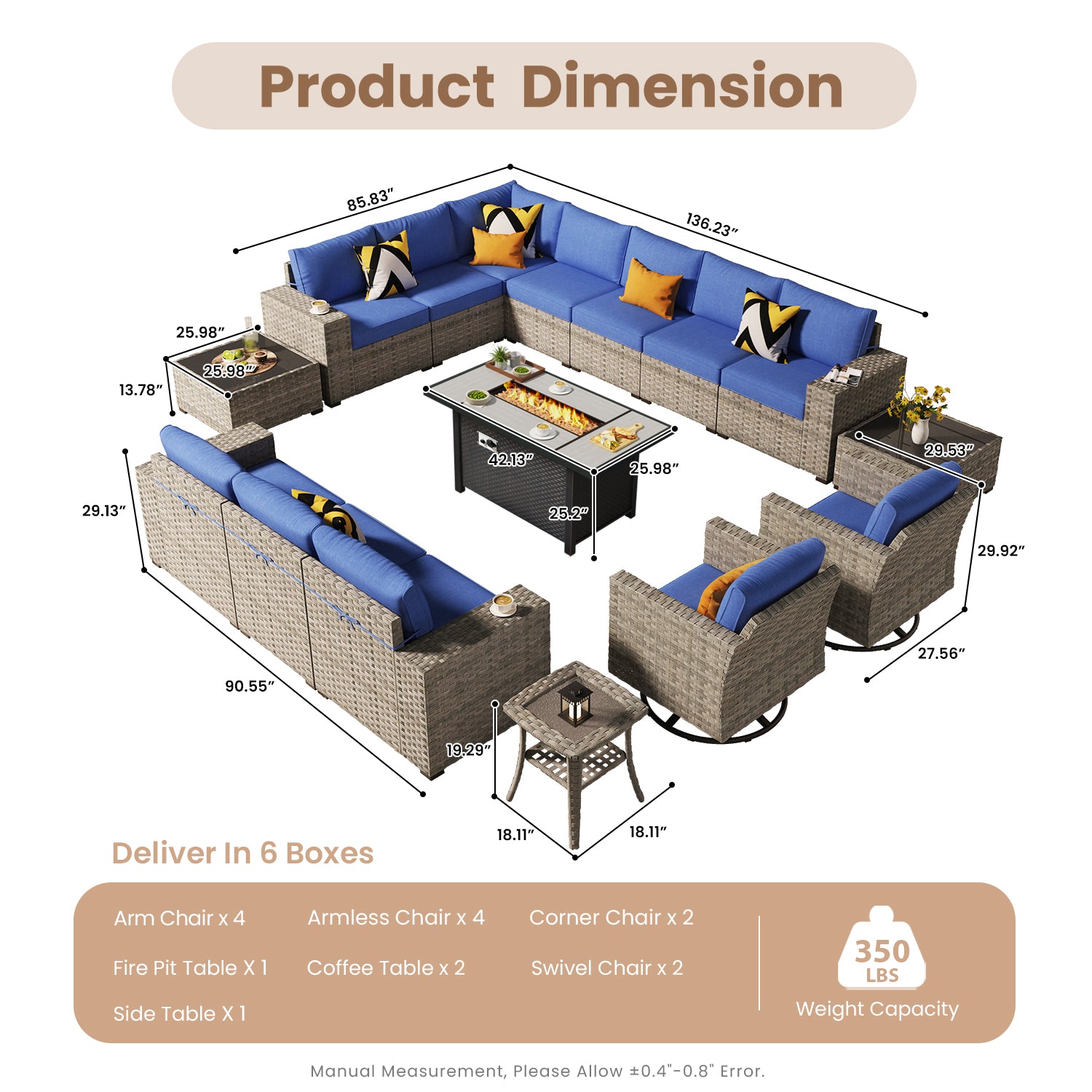 OVIOS Outdoor Patio Furniture Set with Fire Pit Table Wide Armrest Chairs and Rocking Chairs