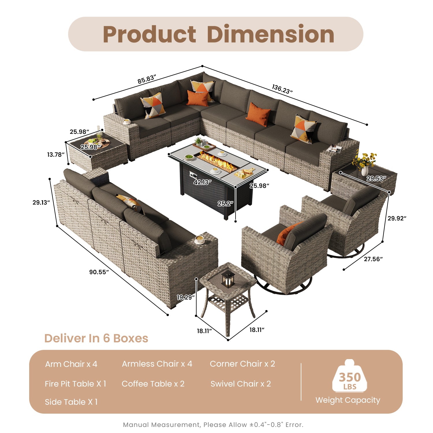 OVIOS Outdoor Patio Furniture Set with Fire Pit Table Wide Armrest Chairs and Rocking Chairs