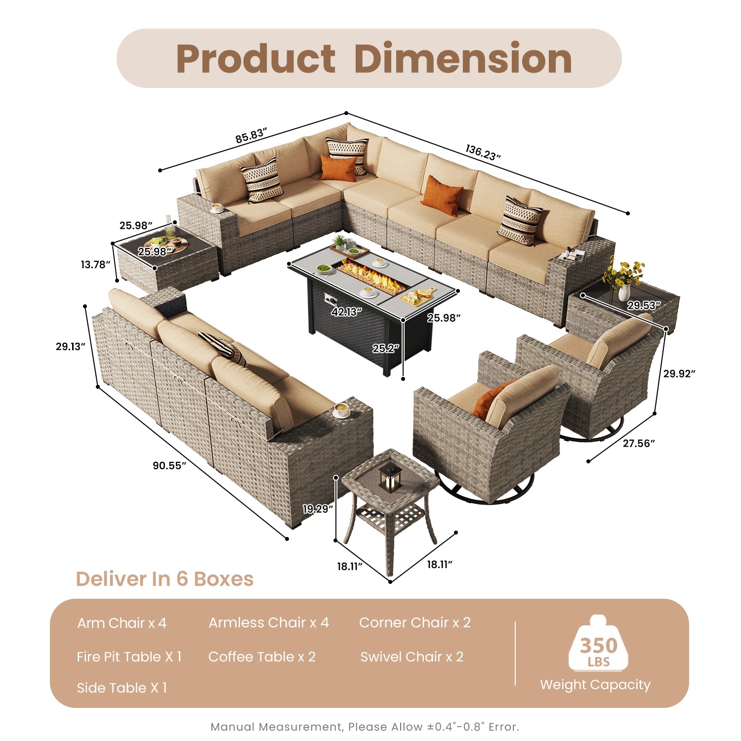 OVIOS Outdoor Patio Furniture Set with Fire Pit Table Wide Armrest Chairs and Rocking Chairs