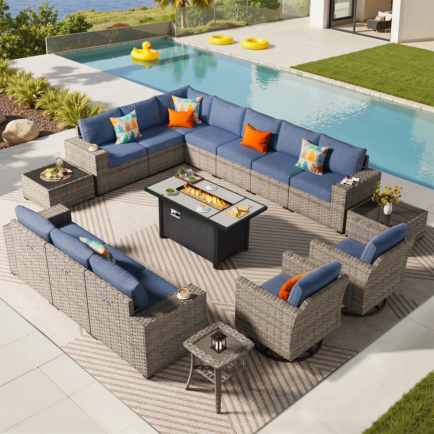 OVIOS Outdoor Patio Furniture Set with Fire Pit Table Wide Armrest Chairs and Rocking Chairs
