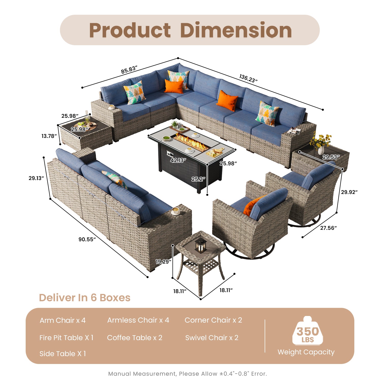 OVIOS Outdoor Patio Furniture Set with Fire Pit Table Wide Armrest Chairs and Rocking Chairs