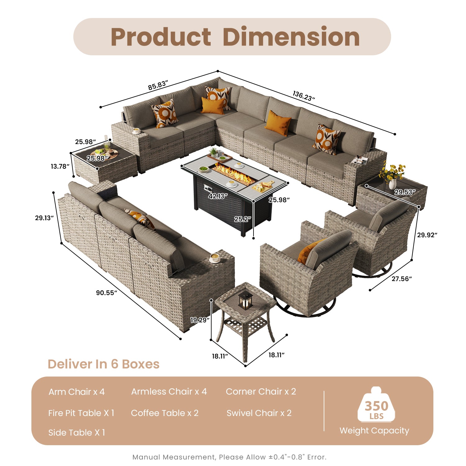 OVIOS Outdoor Patio Furniture Set with Fire Pit Table Wide Armrest Chairs and Rocking Chairs