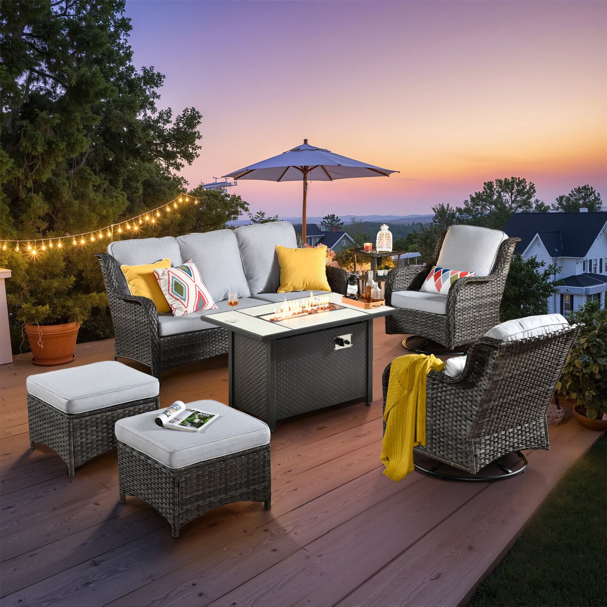 OVIOS Outdoor Wicker Patio Furniture Set with Fire Pit Table