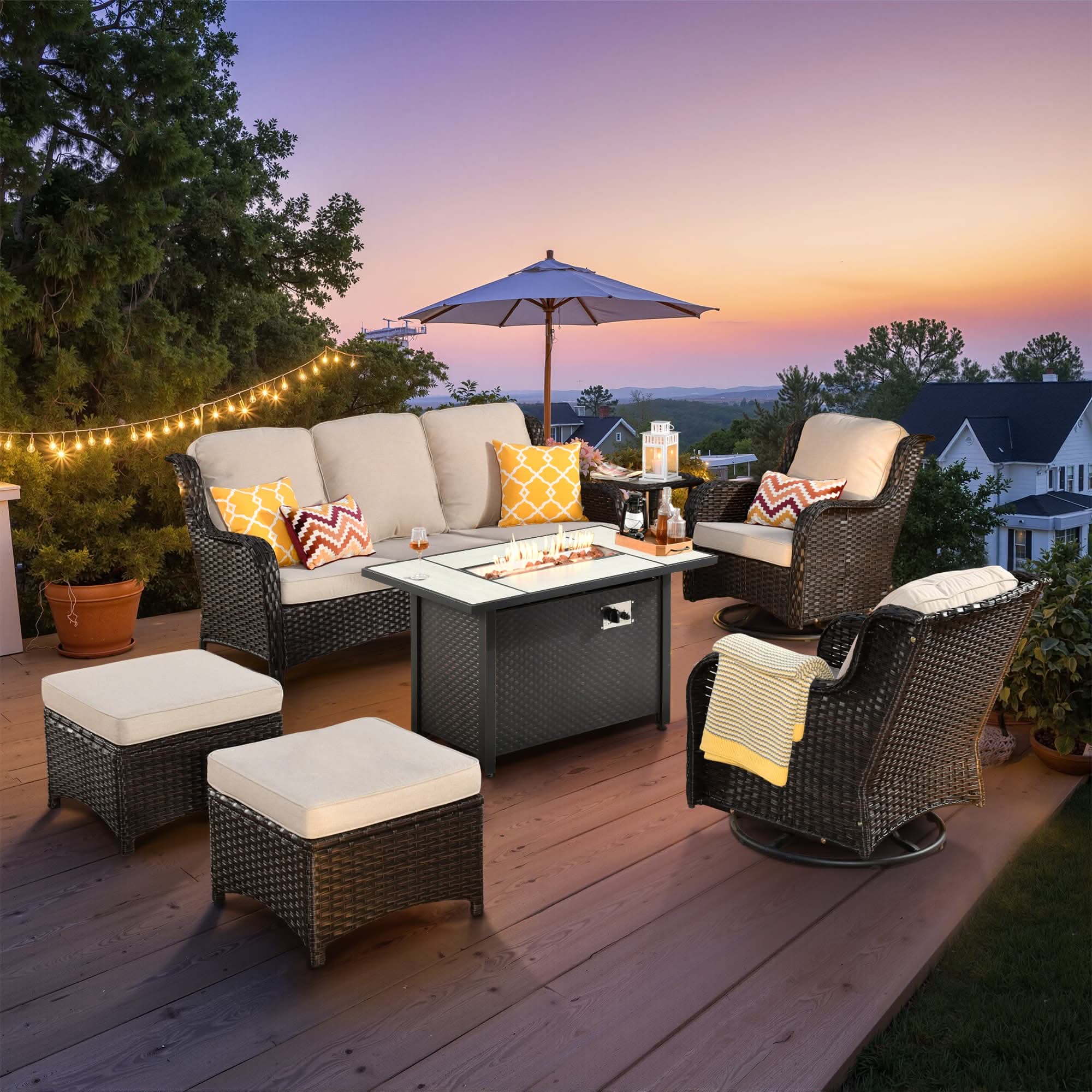 OVIOS Outdoor Wicker Patio Furniture Set with Fire Pit Table