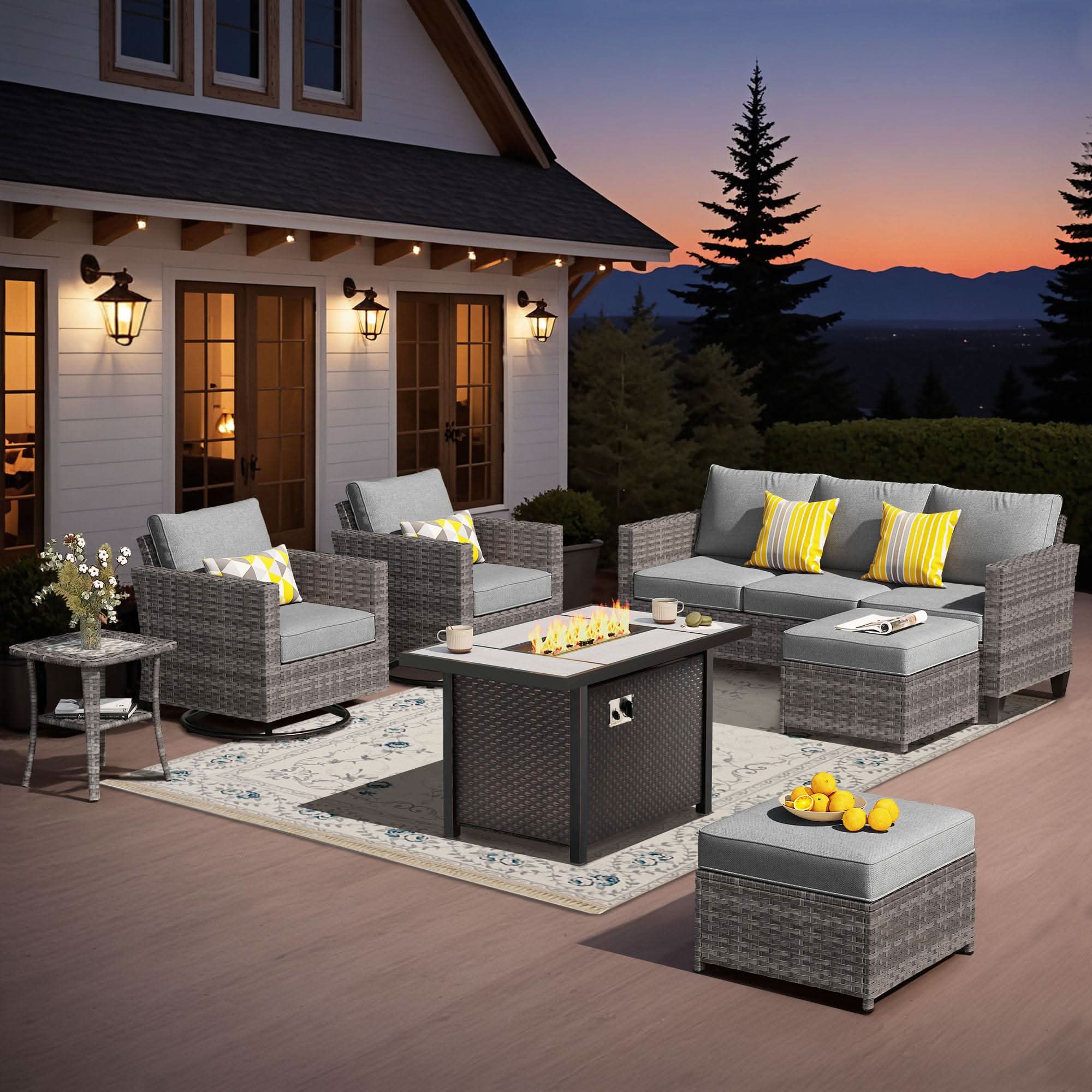OVIOS Outdoor Patio Conversation Set with Fire Pit Table – Modern Wicker Sofa Seating