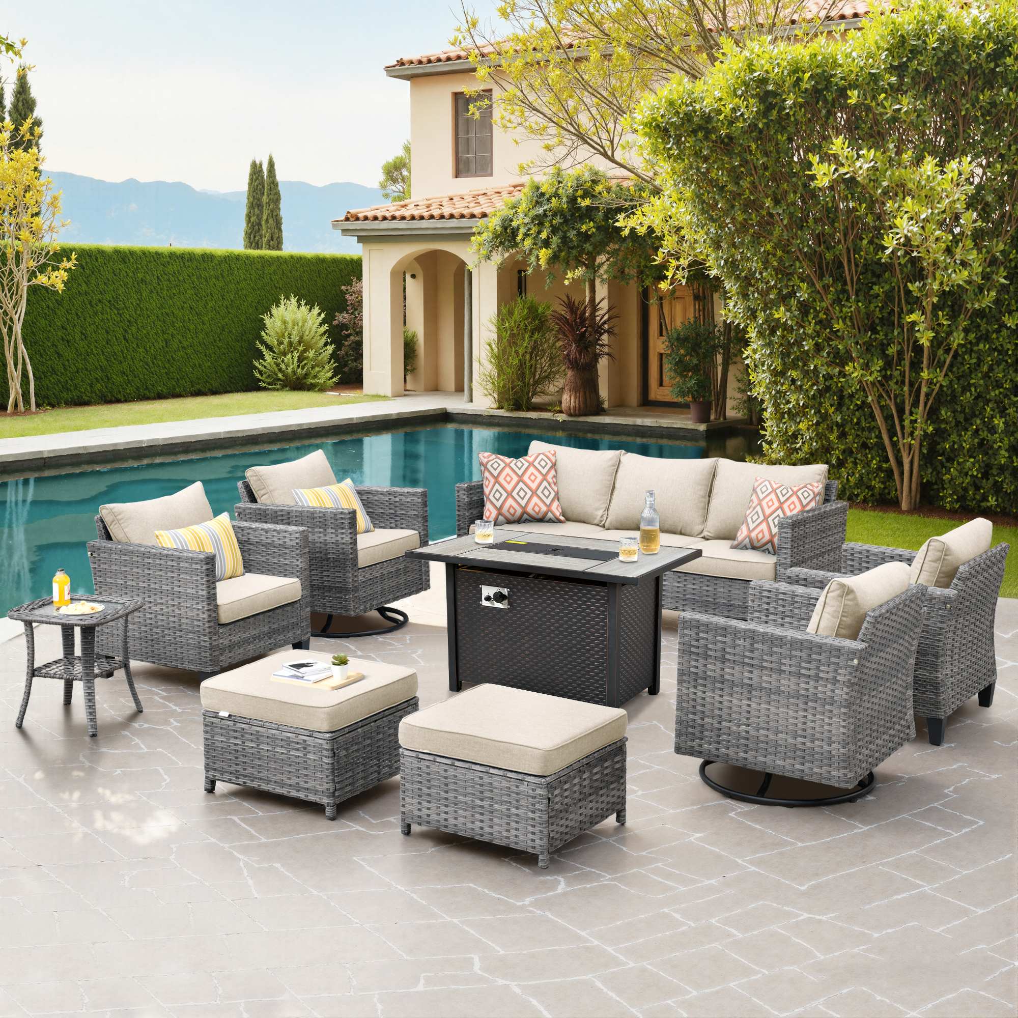 OVIOS Outdoor Patio Conversation Set with Fire Pit Table – Modern Wicker Sofa Seating