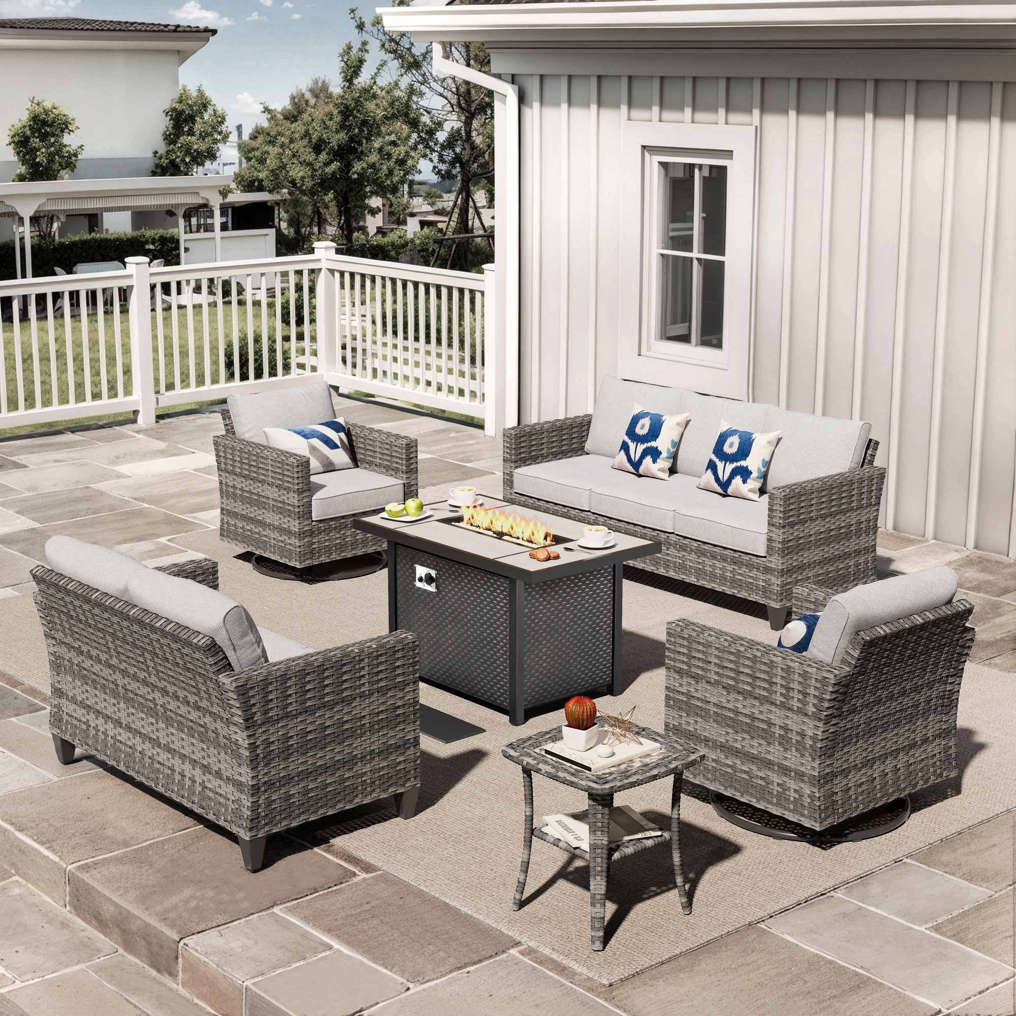OVIOS Outdoor Patio Conversation Set with Fire Pit Table – Modern Wicker Sofa Seating