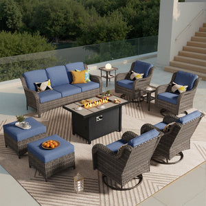 OVIOS 10-Piece Outdoor Wicker Patio Set with Fire Pit Table