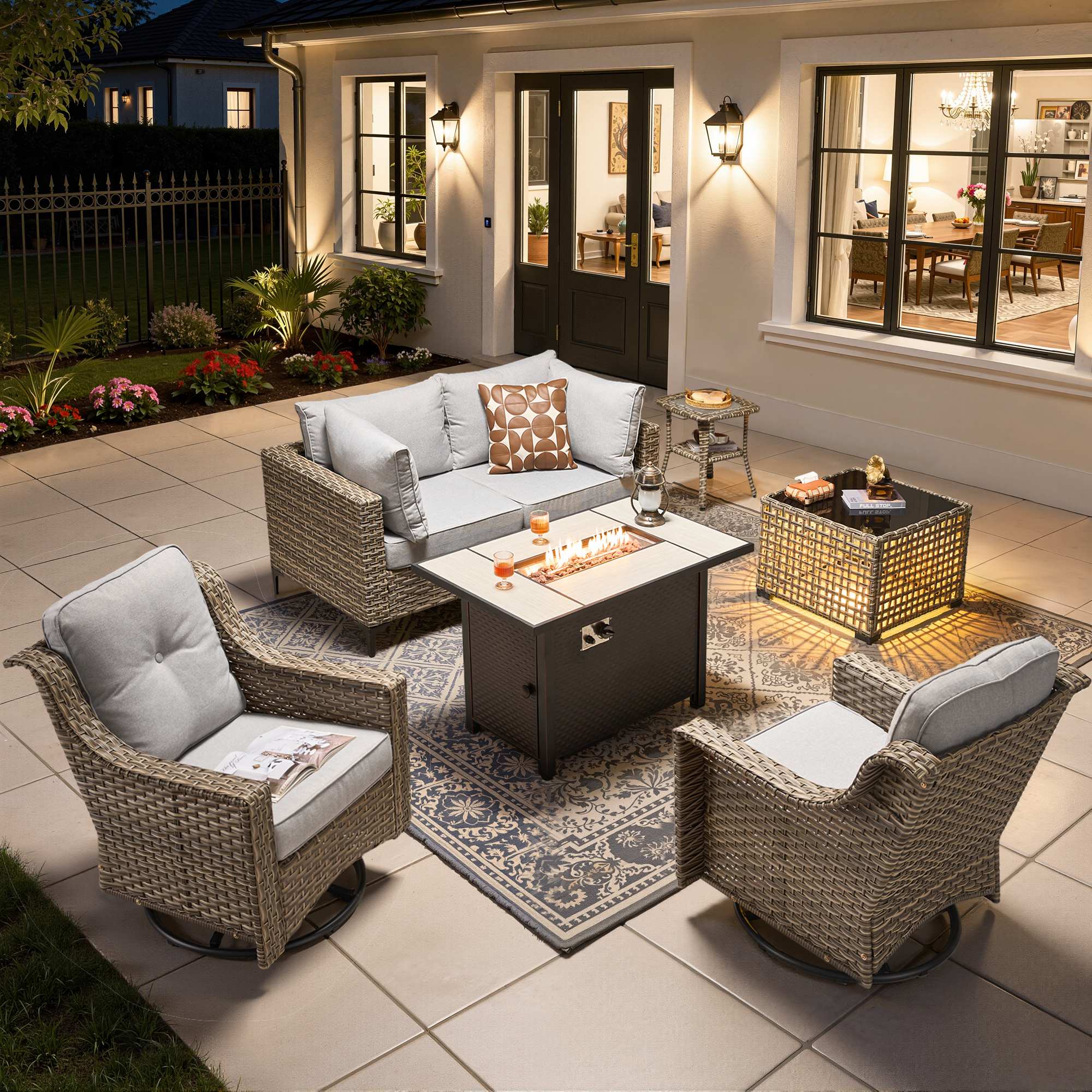 OVIOS wicker patio sectional conversation set with fire pit table and swivel chairs.