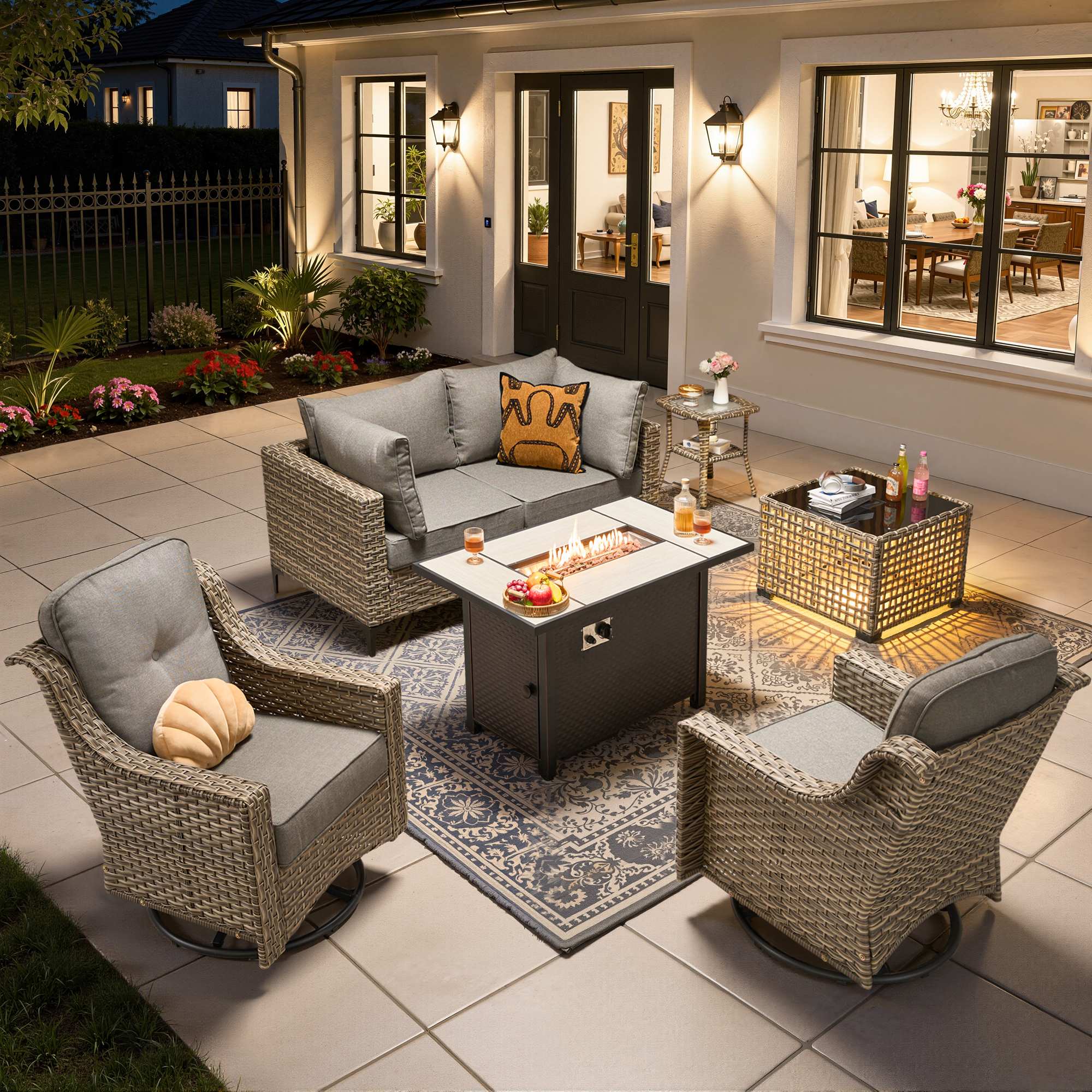OVIOS wicker patio sectional conversation set with fire pit table & swivel chairs.