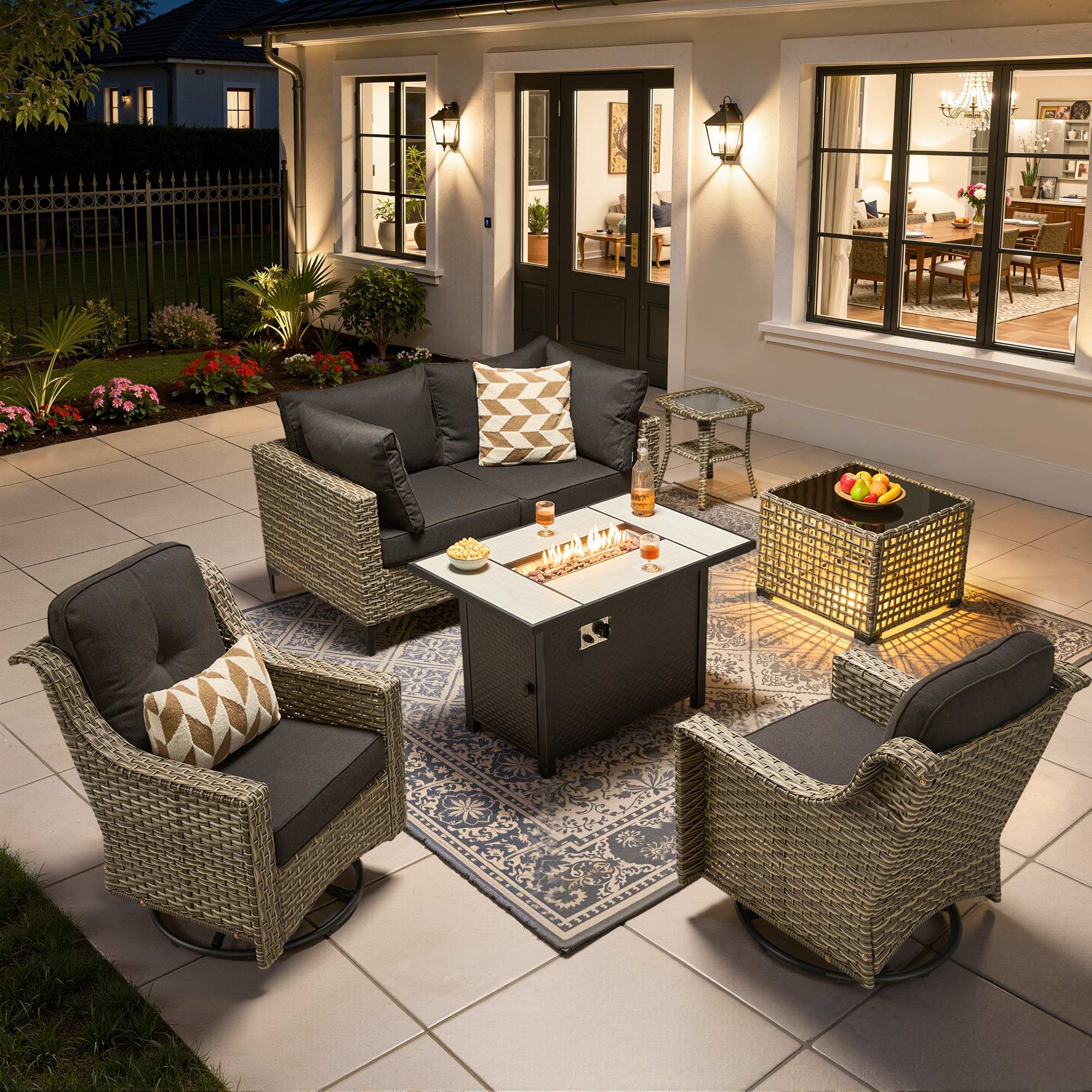 OVIOS wicker patio sectional set with lit fire pit table and swivel chairs
