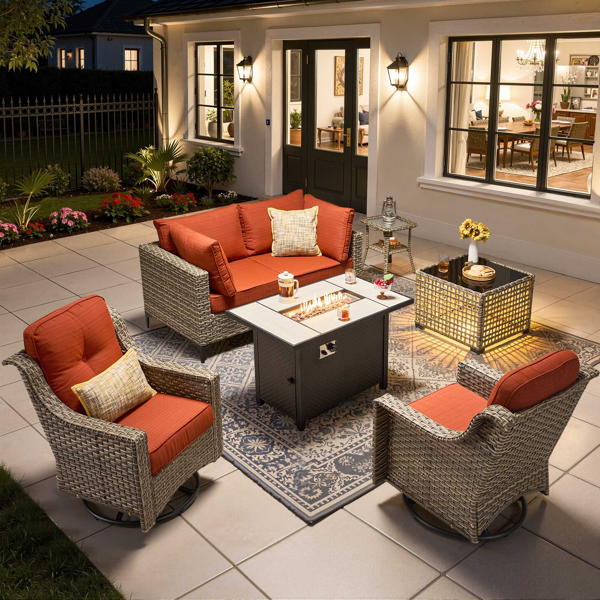 OVIOS Wicker Patio Sectional Set with Fire Pit Table & Swivel Chairs, Orange Cushions