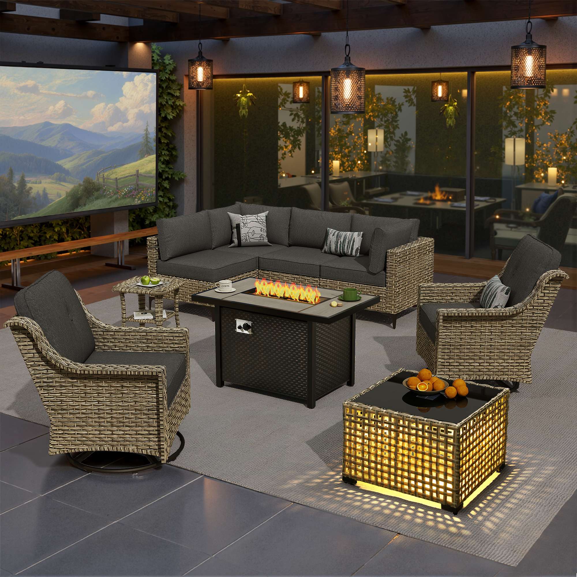 OVIOS Wicker Patio Sectional Conversation Set with Fire Pit Table & Swivel Chairs