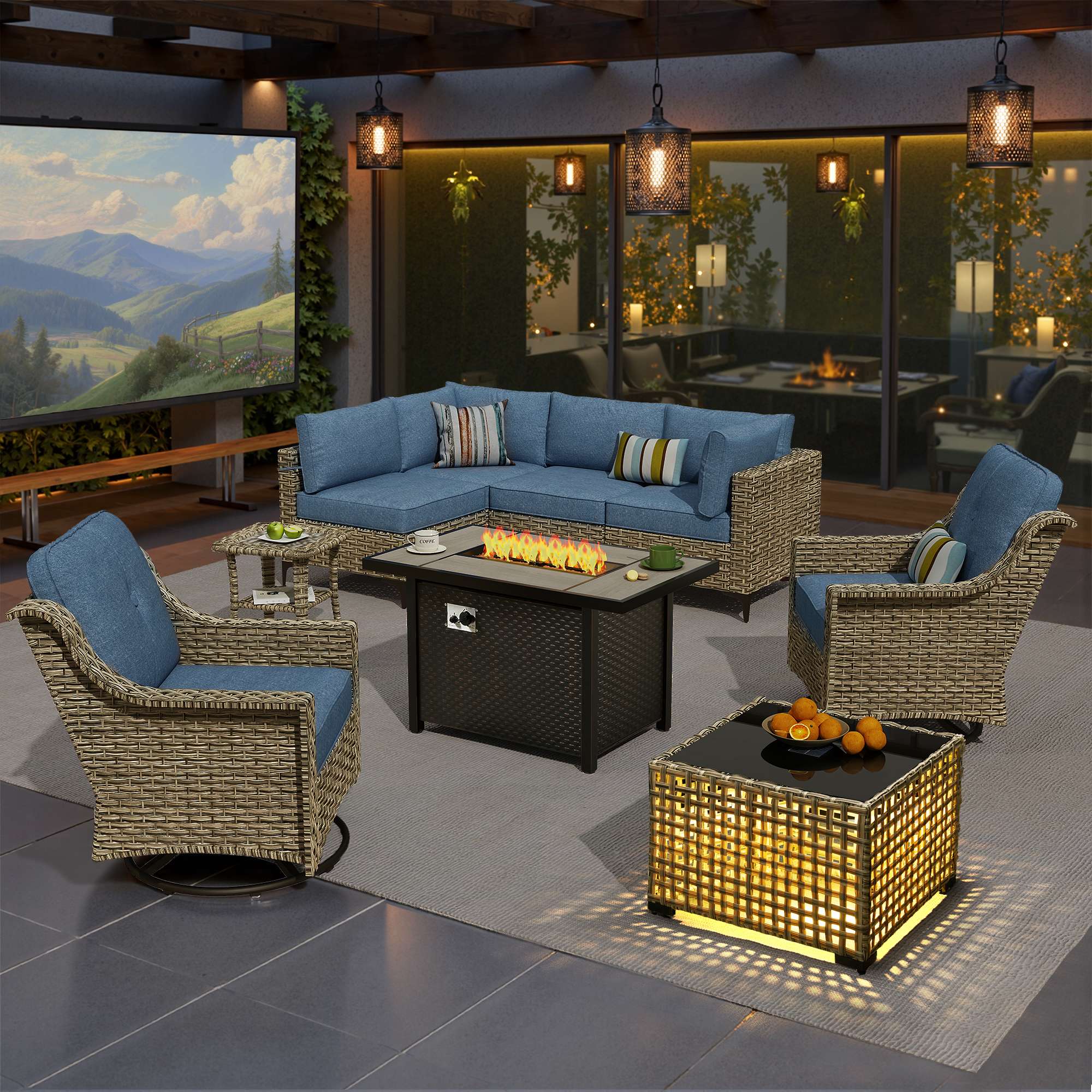 OVIOS Wicker Patio Sectional Conversation Set with Fire Pit Table & Swivel Chairs