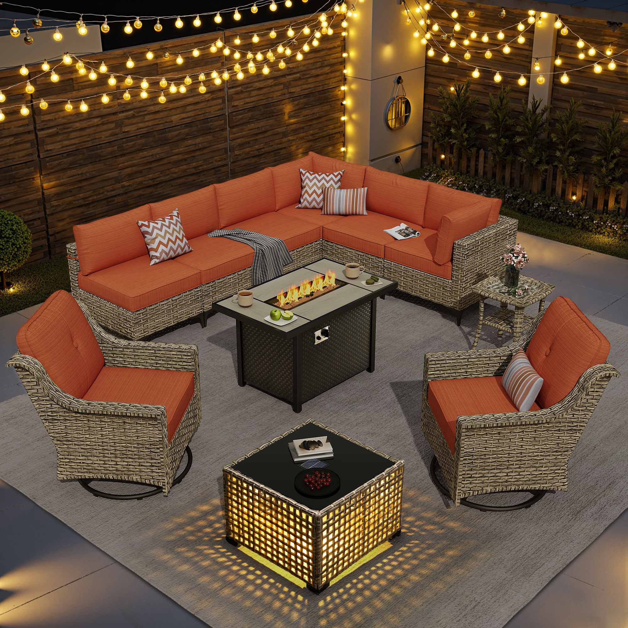 OVIOS Wicker Patio Sectional Conversation Set with Fire Pit Table & Swivel Chairs