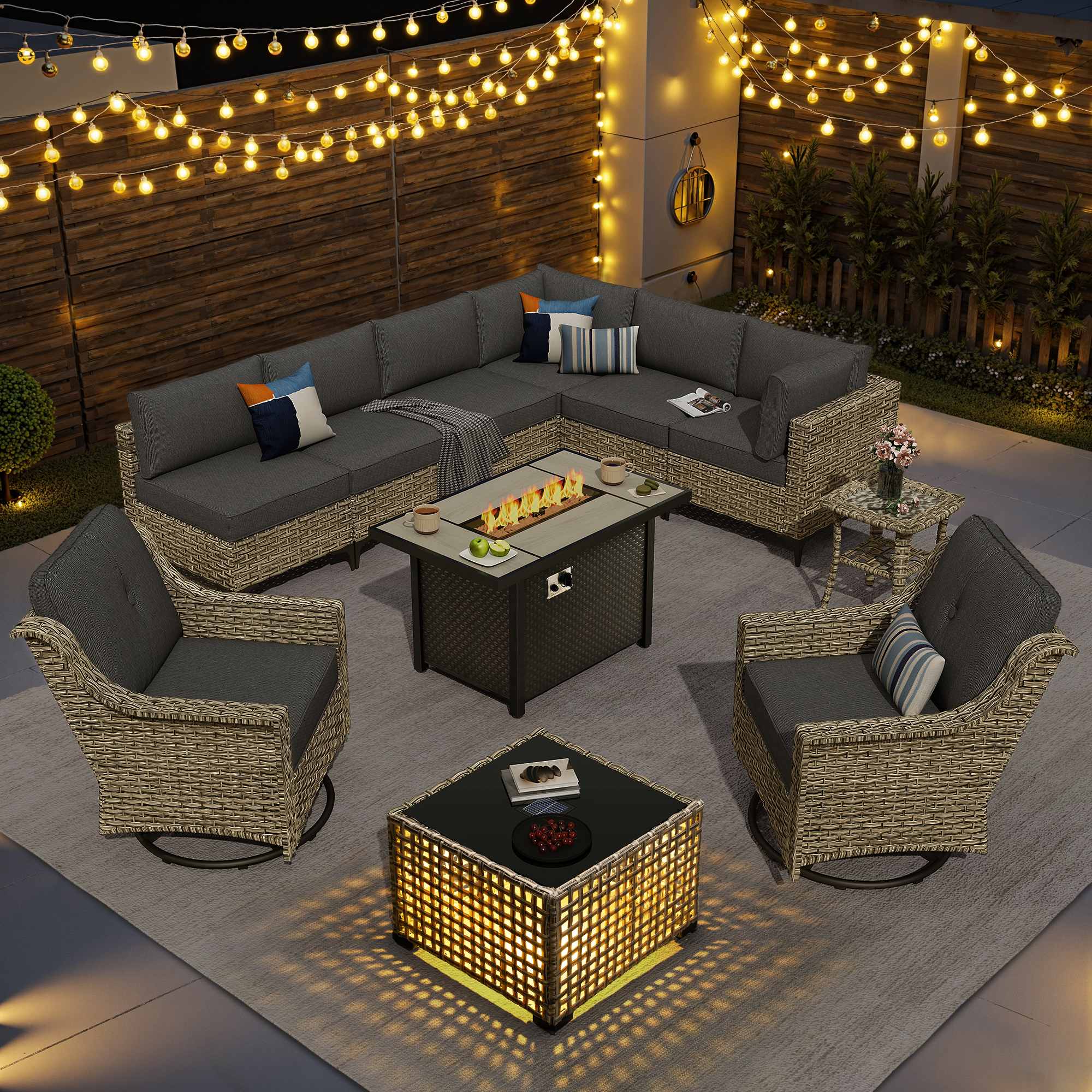 OVIOS Wicker Patio Sectional Conversation Set with Fire Pit Table & Swivel Chairs