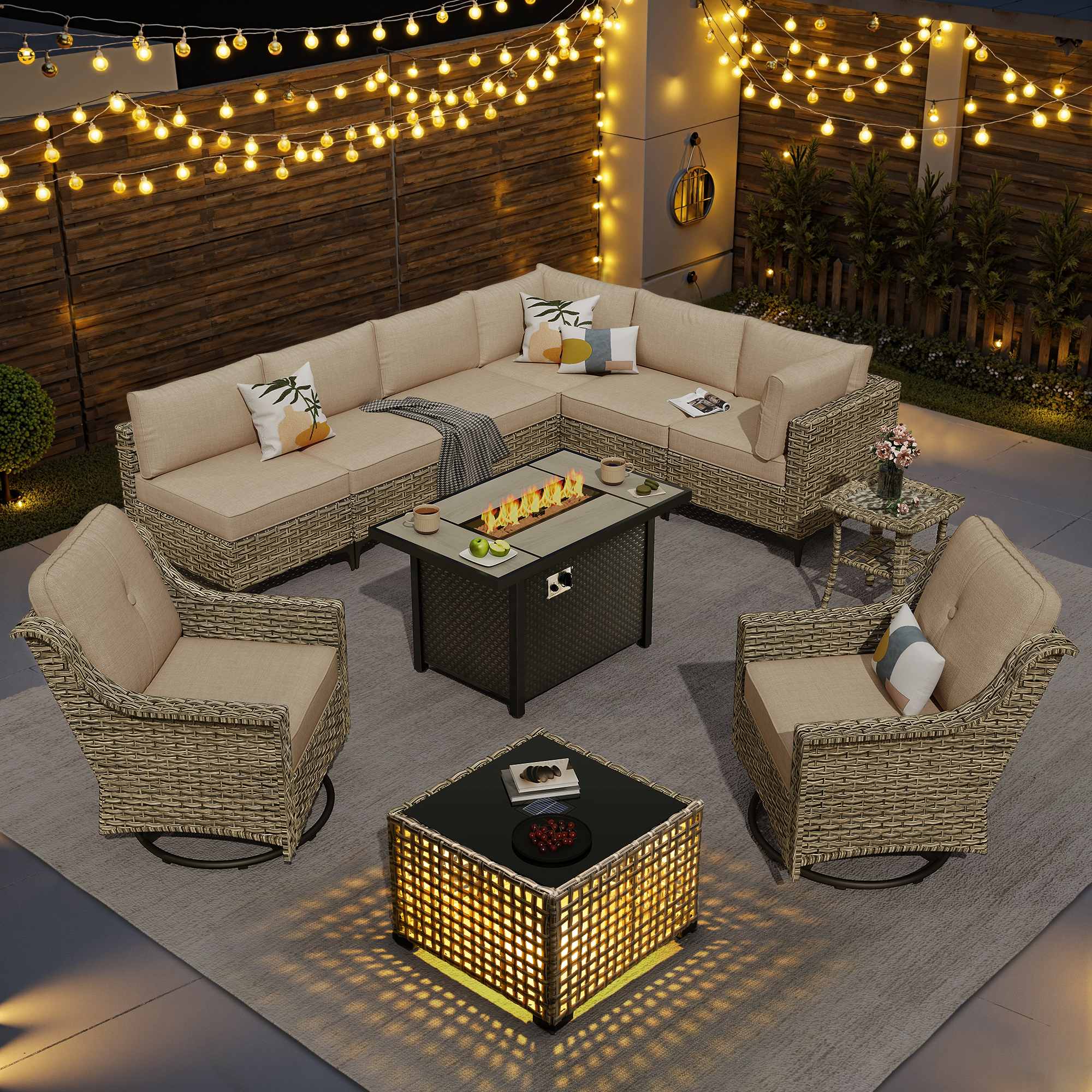 OVIOS Wicker Patio Sectional Conversation Set with Fire Pit Table & Swivel Chairs
