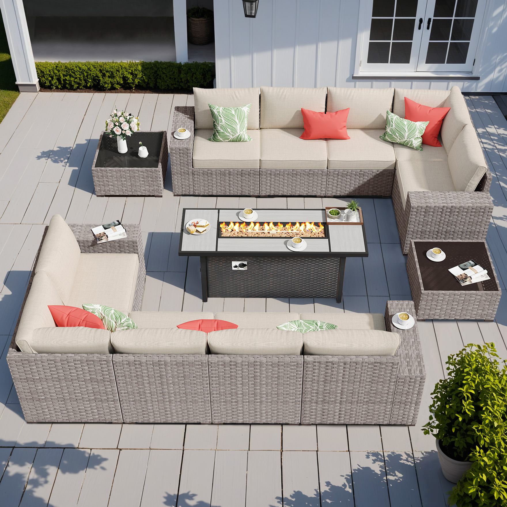 OVIOS Outdoor Patio Furniture Set with Fire Pit Table Wide Armrest Chairs and Rocking Chairs