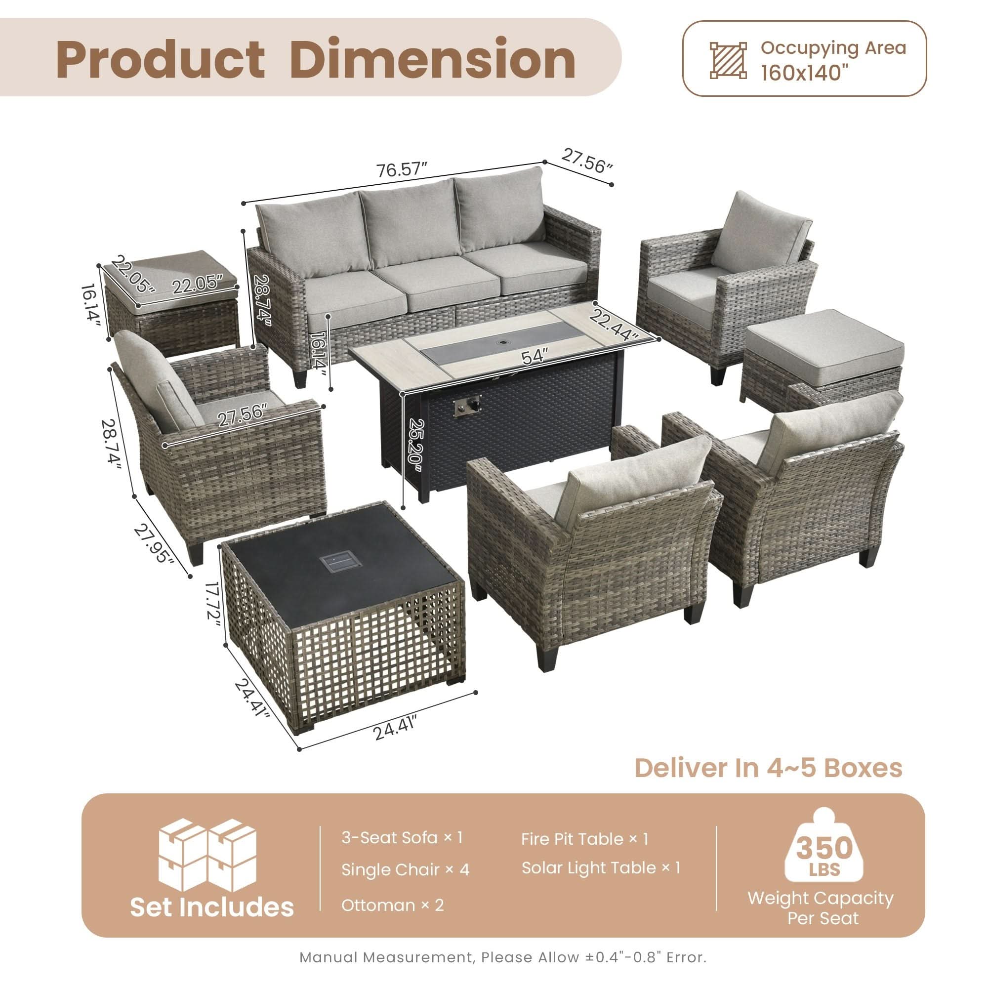 Dark Grey |Layout and dimensions of OVIOS 6-piece wicker patio conversation set featuring a fire pit table.