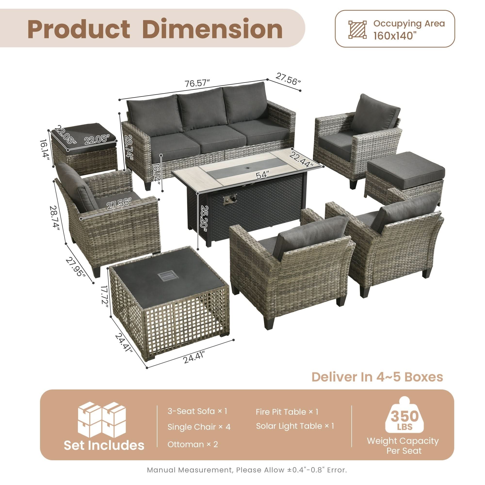 Black |OVIOS 6-piece wicker patio conversation set with fire pit table: dimensions diagram.
