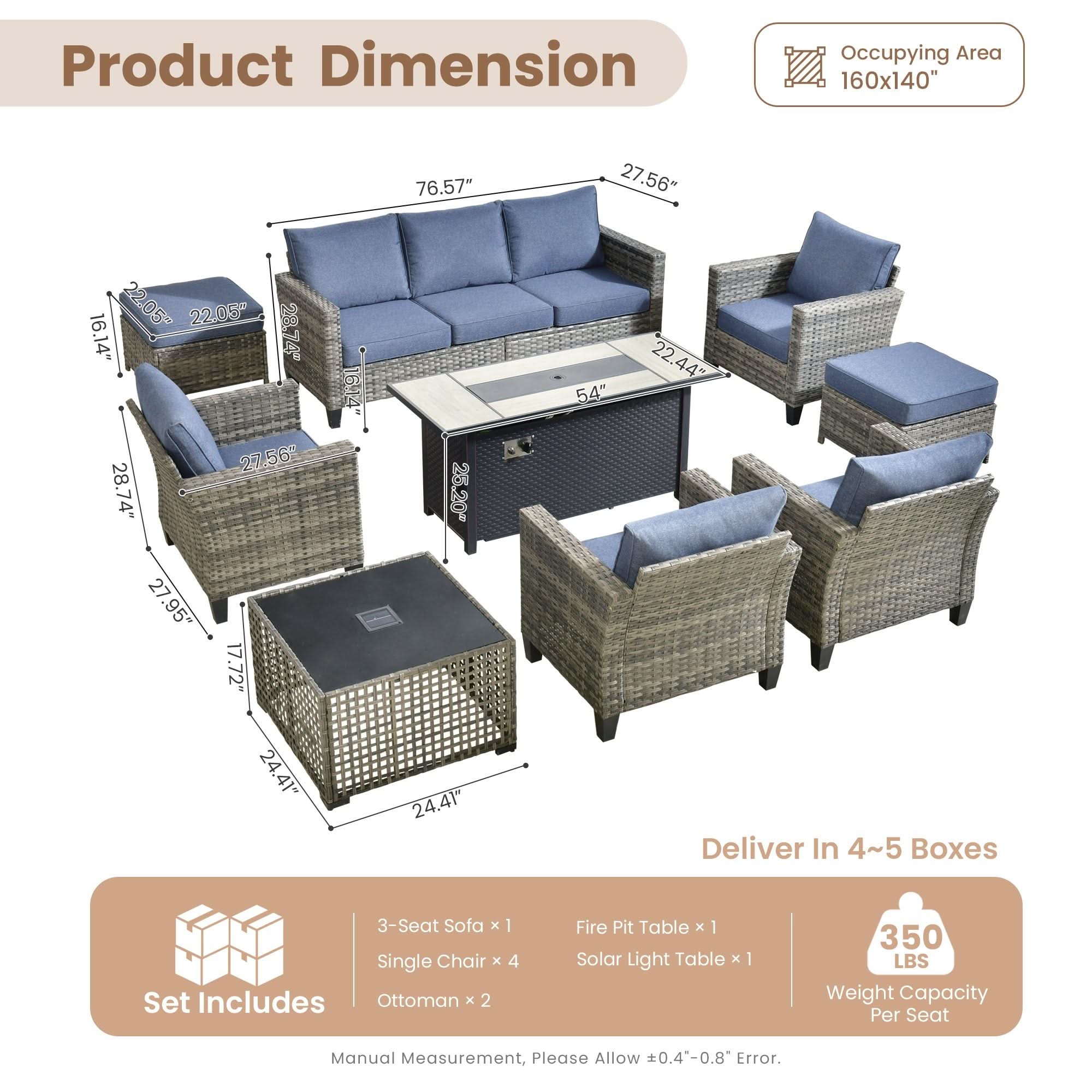 Denim| OVIOS 6-piece wicker patio conversation set with fire pit table, showing dimensions