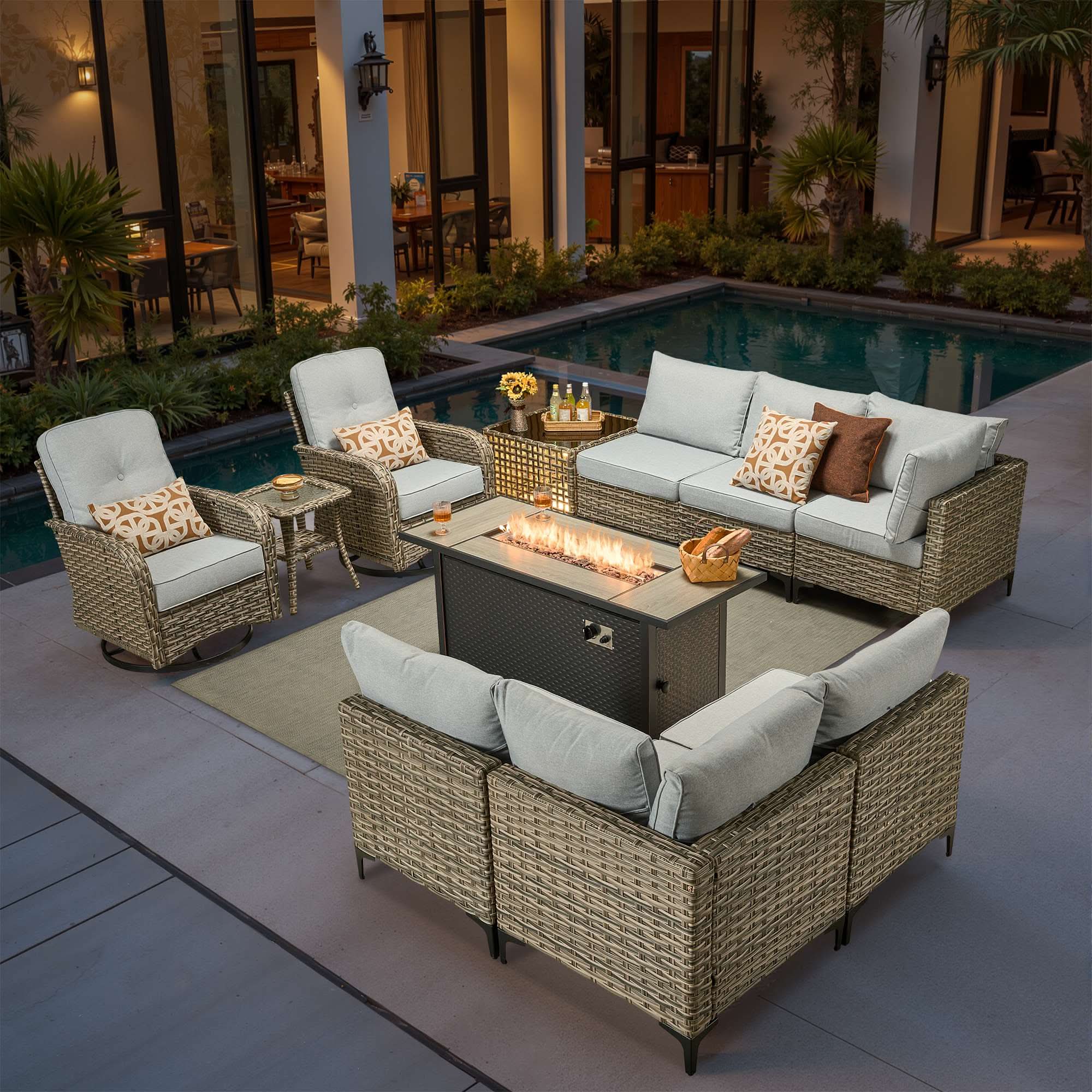 OVIOS Wicker Patio Conversation Set with Fire Pit Table for Backyard & Deck