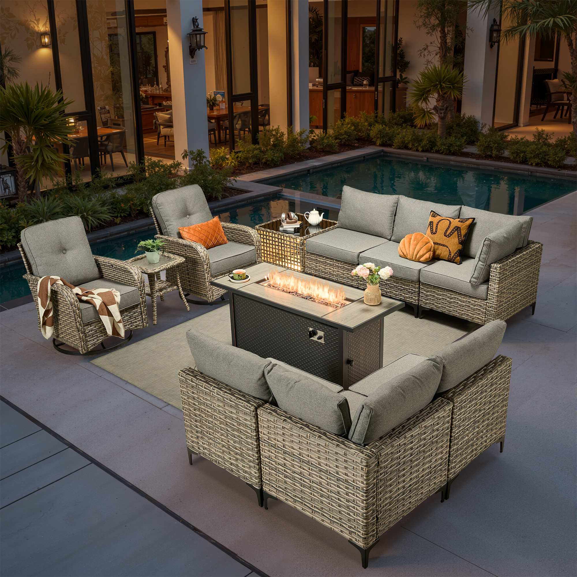 OVIOS Wicker Patio Conversation Set with Fire Pit Table for Backyard & Deck