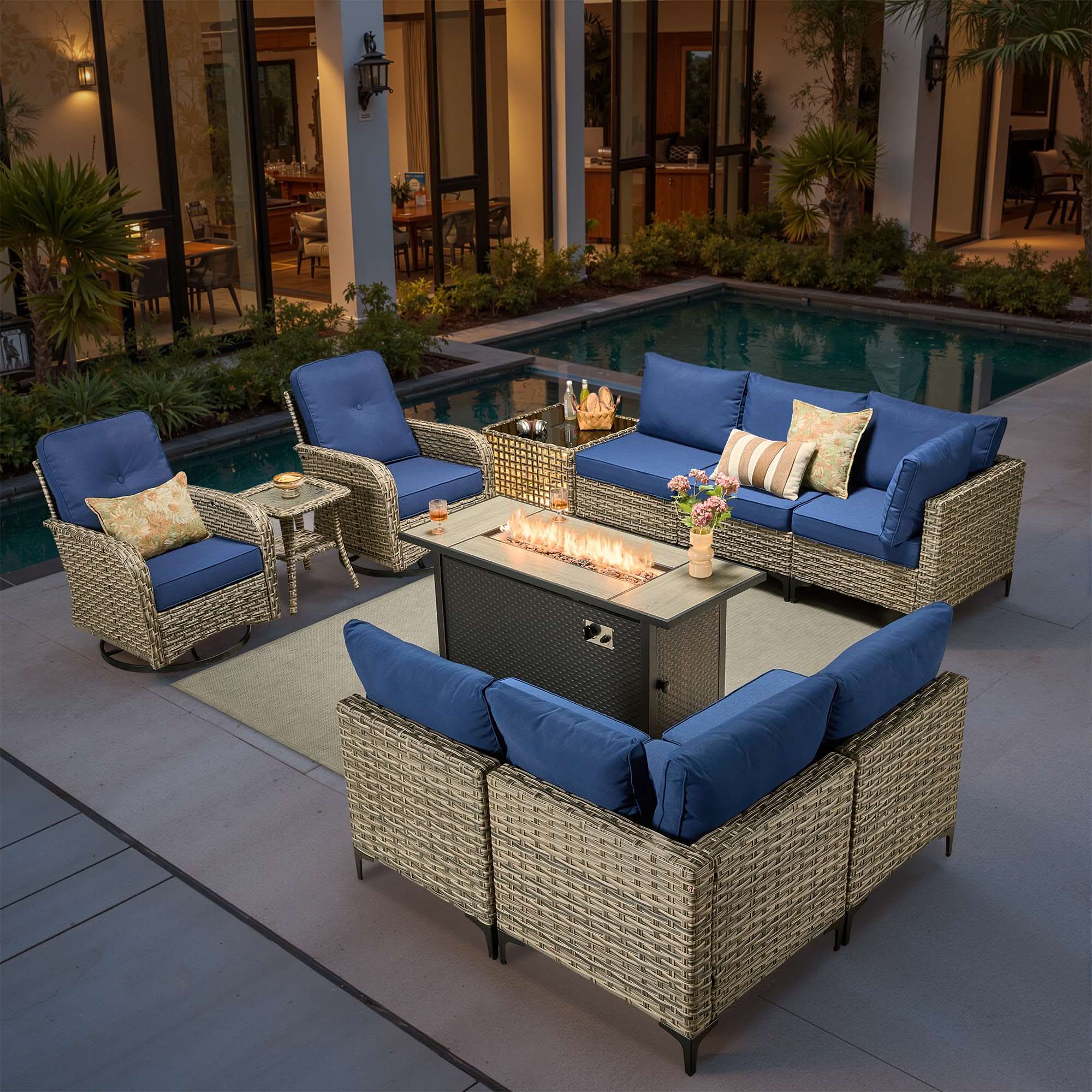 OVIOS Wicker Patio Conversation Set with Fire Pit Table for Backyard & Deck