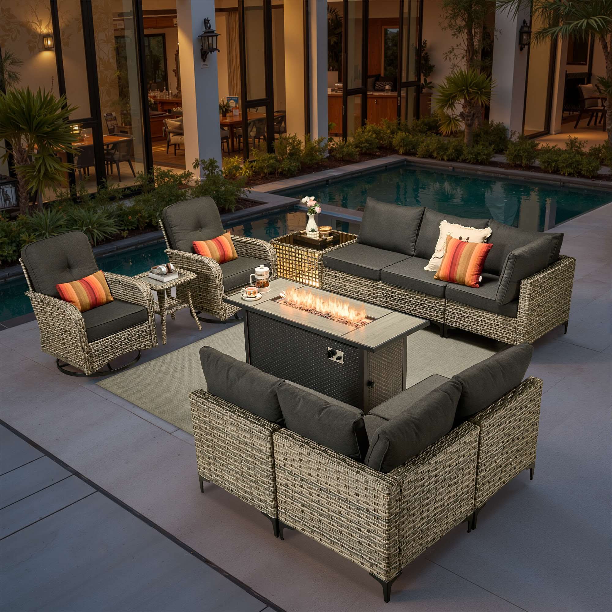 OVIOS Wicker Patio Conversation Set with Fire Pit Table for Backyard & Deck