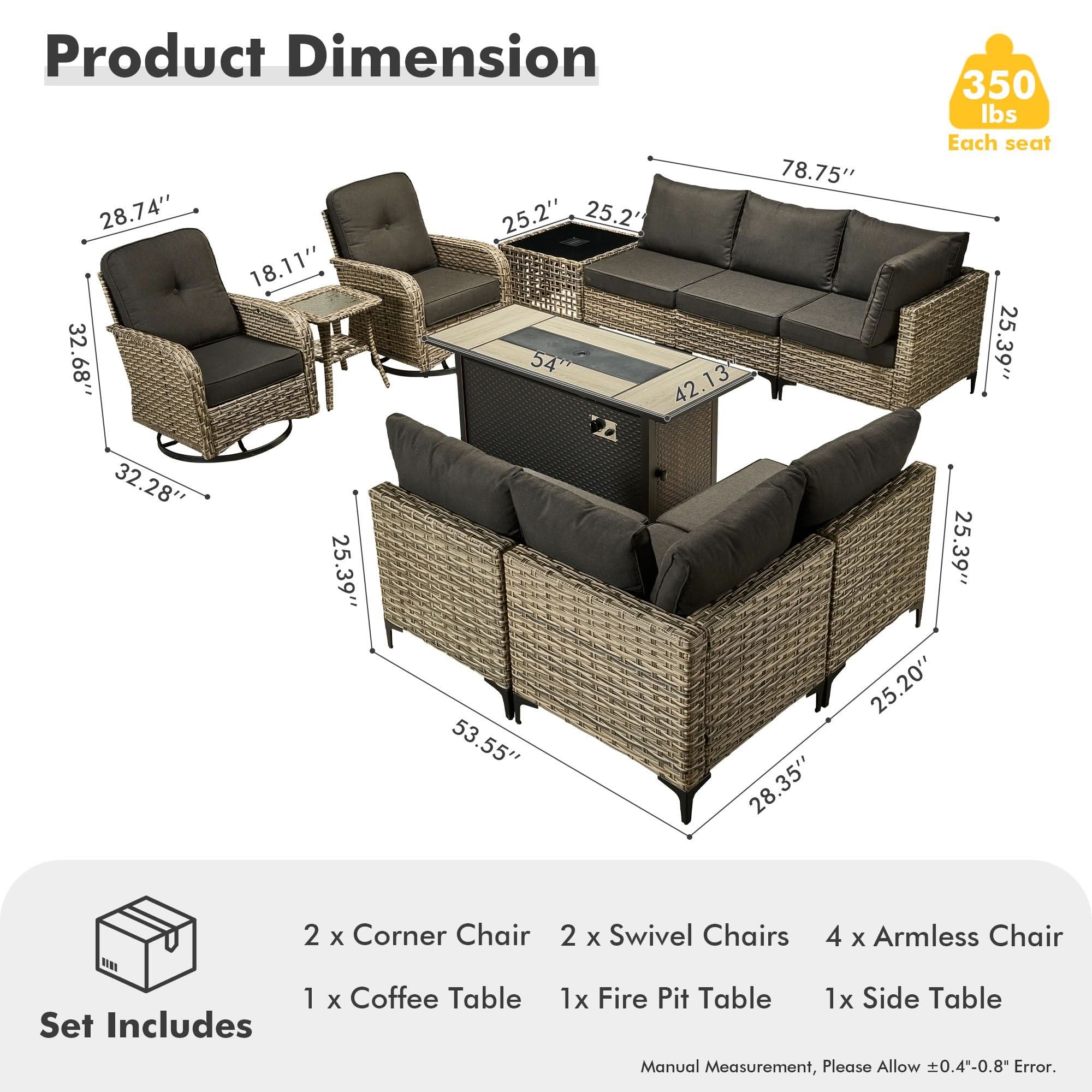 OVIOS Wicker Patio Conversation Set with Fire Pit Table for Backyard & Deck
