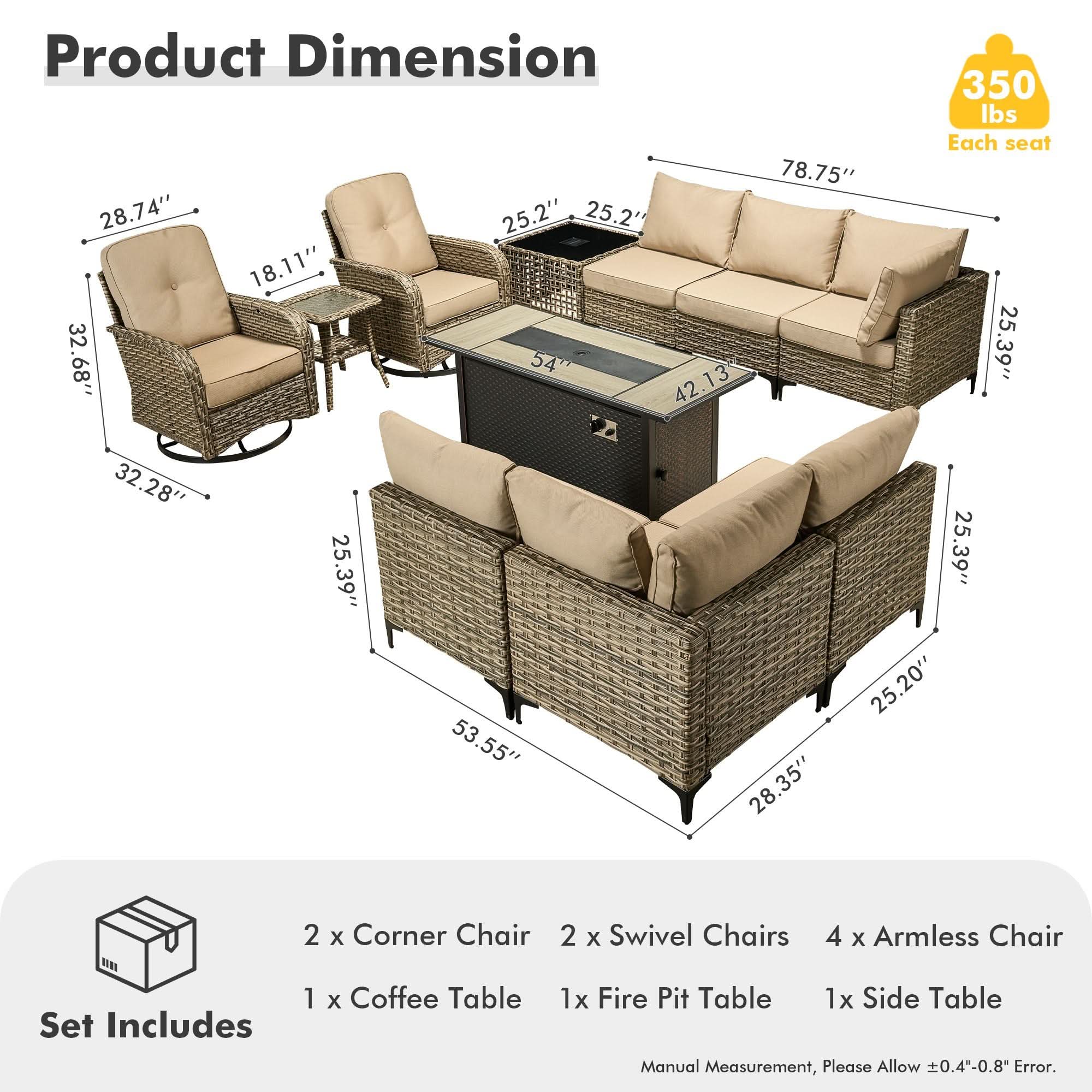 OVIOS Wicker Patio Conversation Set with Fire Pit Table for Backyard & Deck